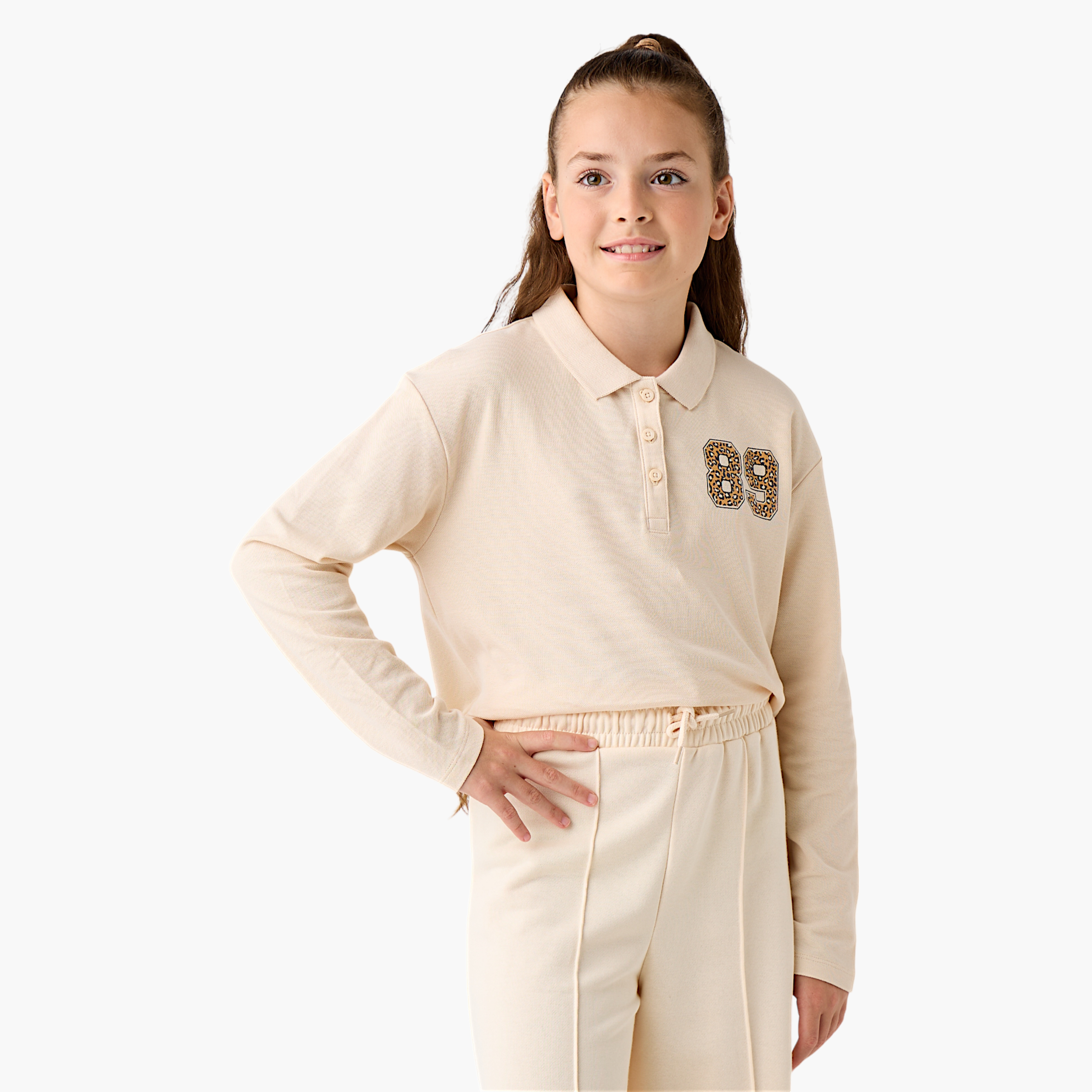 Juniors Printed Polo T-shirt with Long Sleeves-girls-clothing-tshirts-image-1