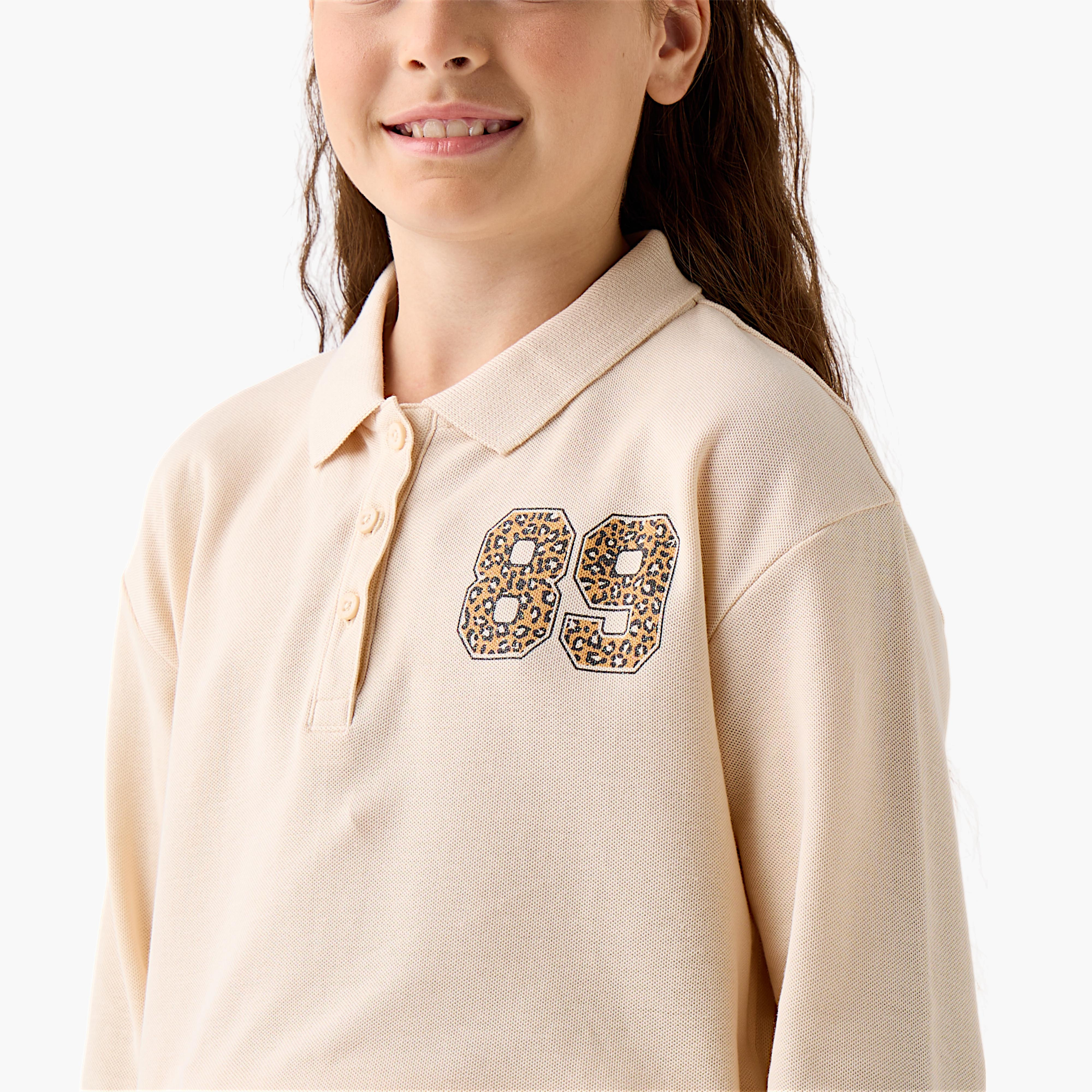 Juniors Printed Polo T-shirt with Long Sleeves-girls-clothing-tshirts-image-4