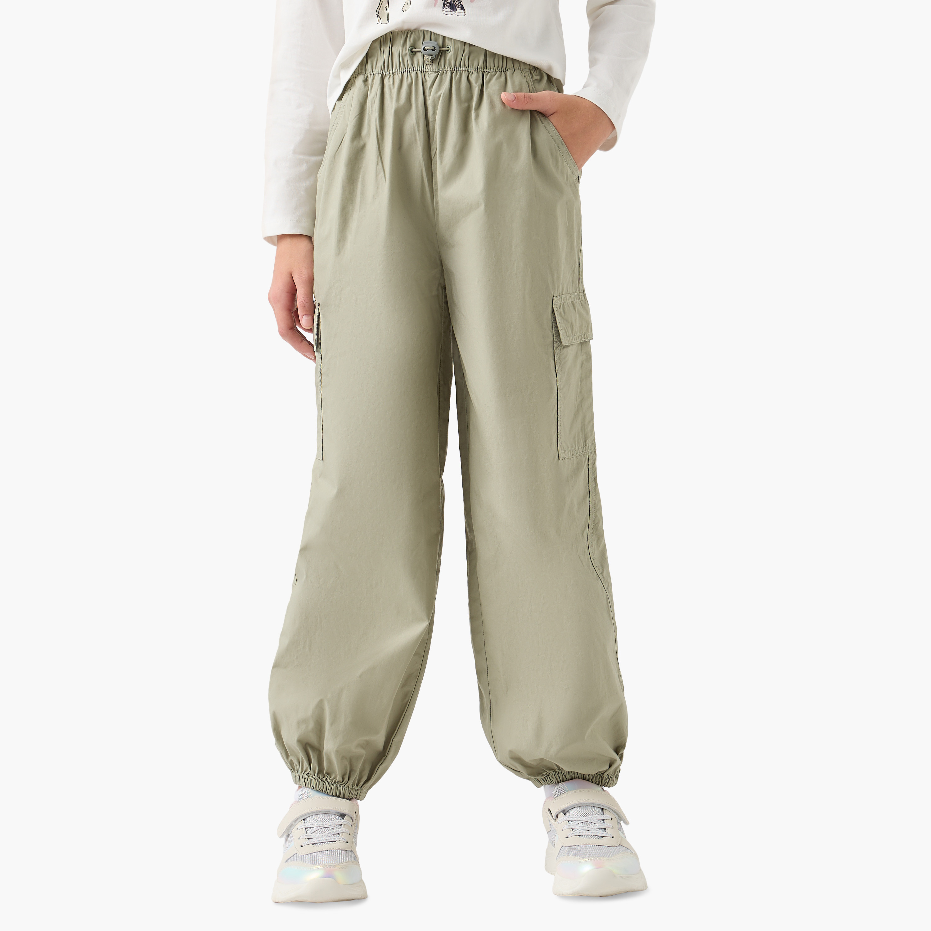 Juniors Solid Cargo Pants with Cord Lock Closure and Pockets