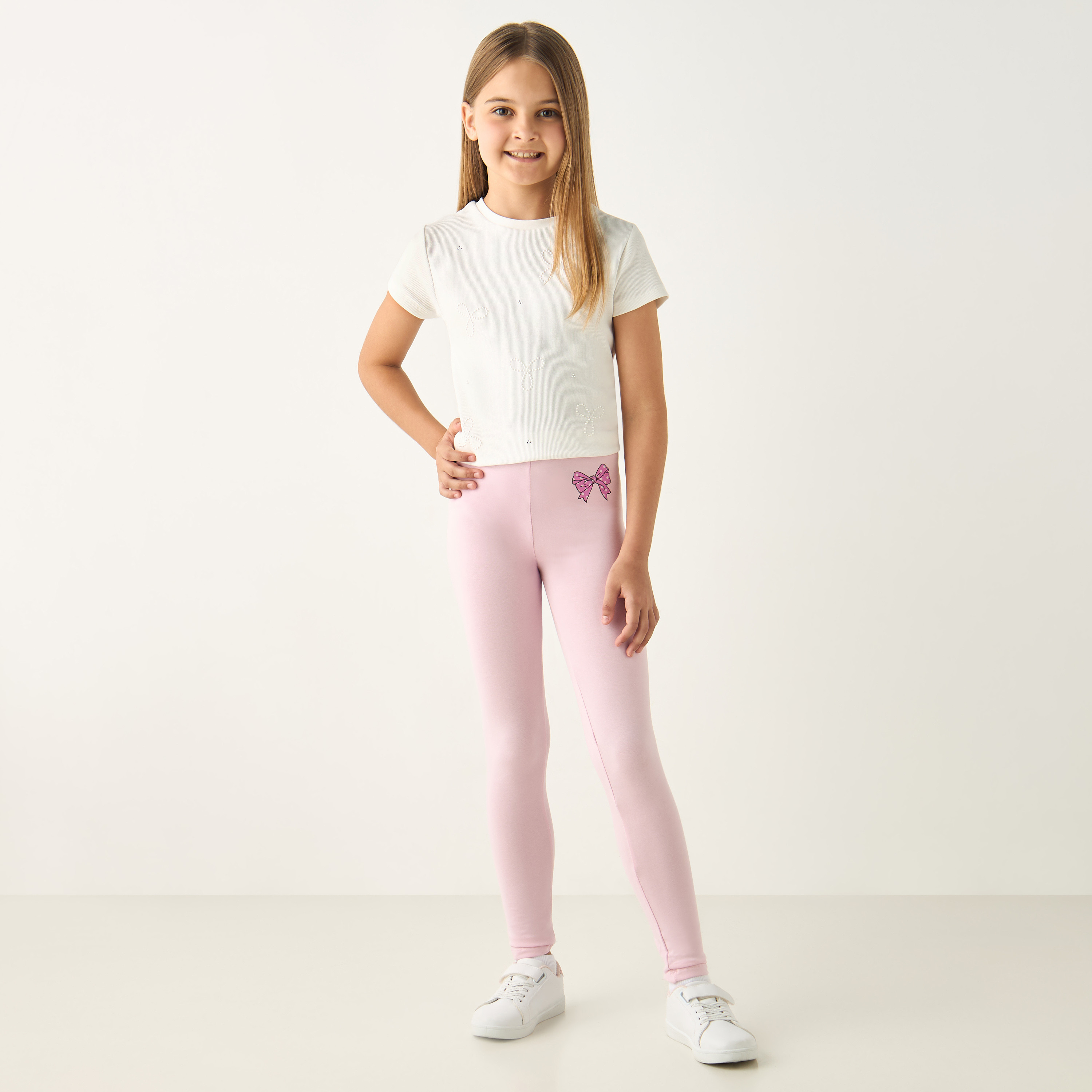 Juniors Bow Print Leggings with Elasticated Waistband-girls-clothing-bottoms-leggings-image-2