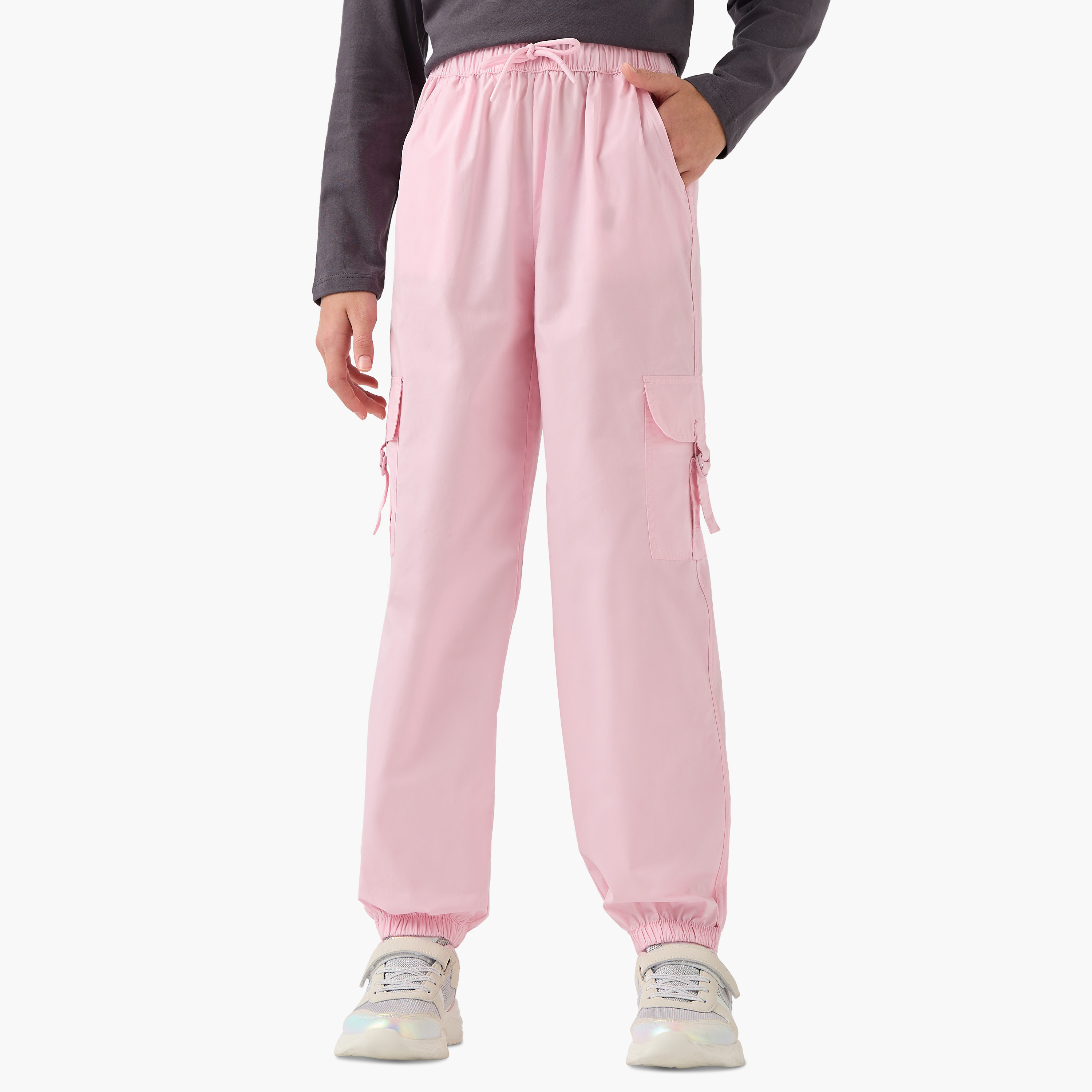 Juniors Solid Pants with Elasticated Waistband and Pockets-girls-clothing-bottoms-trousers-image-1