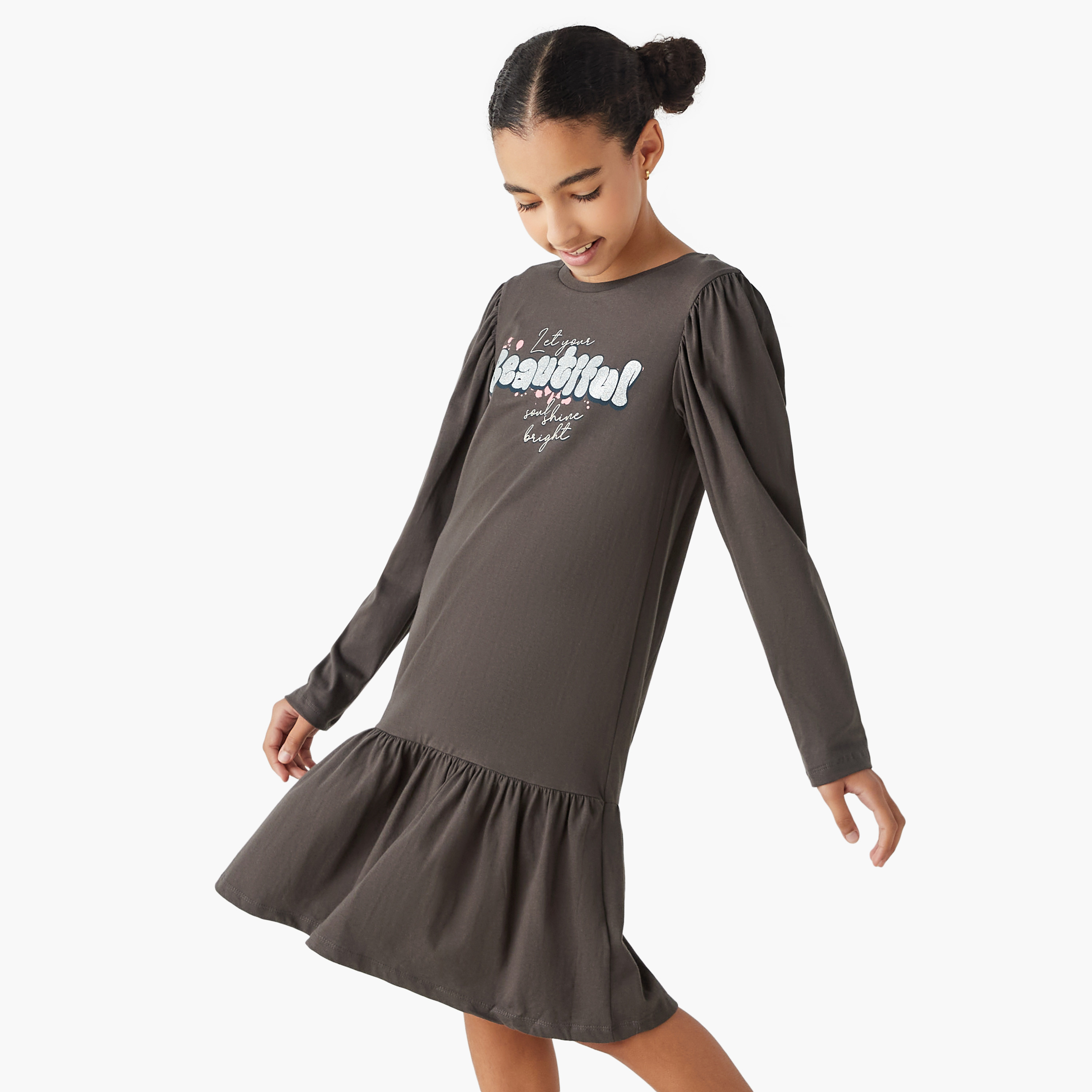 Juniors Slogan Print Drop Waist Dress with Round Neck and Long Sleeves-girls-clothing-dressesandjumpsuits-image-1