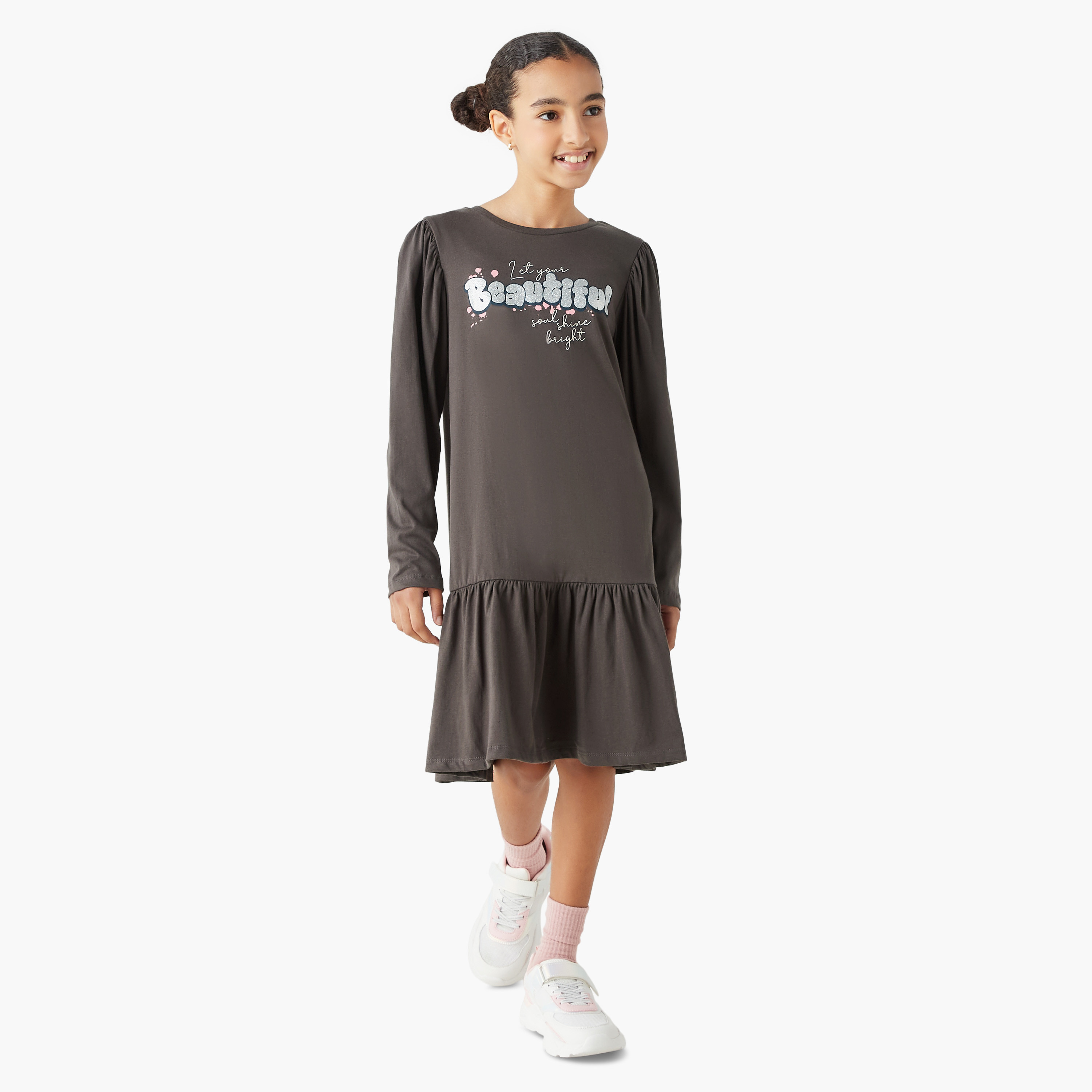 Juniors Slogan Print Drop Waist Dress with Round Neck and Long Sleeves-girls-clothing-dressesandjumpsuits-image-2