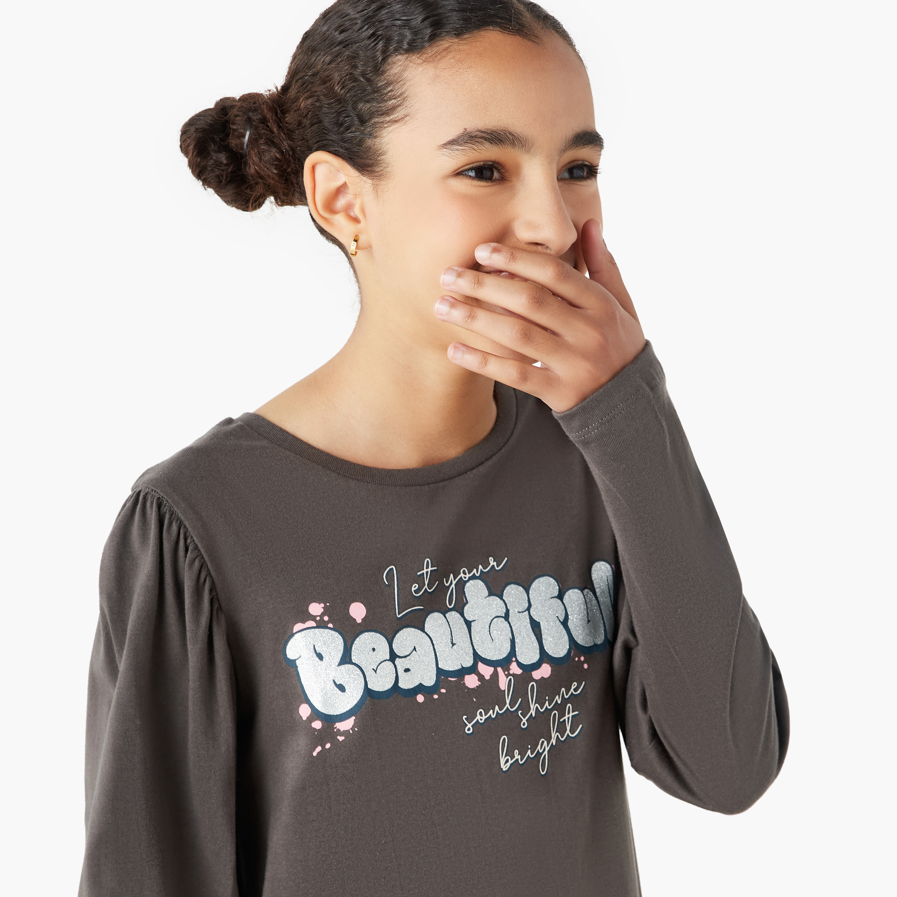 Juniors Slogan Print Drop Waist Dress with Round Neck and Long Sleeves-girls-clothing-dressesandjumpsuits-image-4