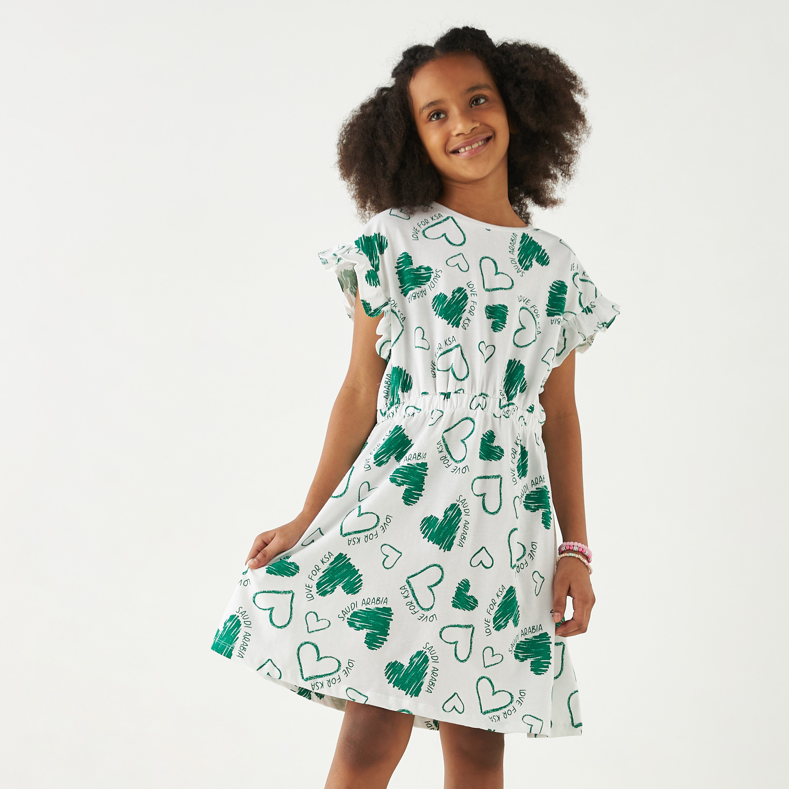 Juniors All-Over KSA National Day Print Dress with Puff Sleeves-girls-clothing-dressesandjumpsuits-image-1