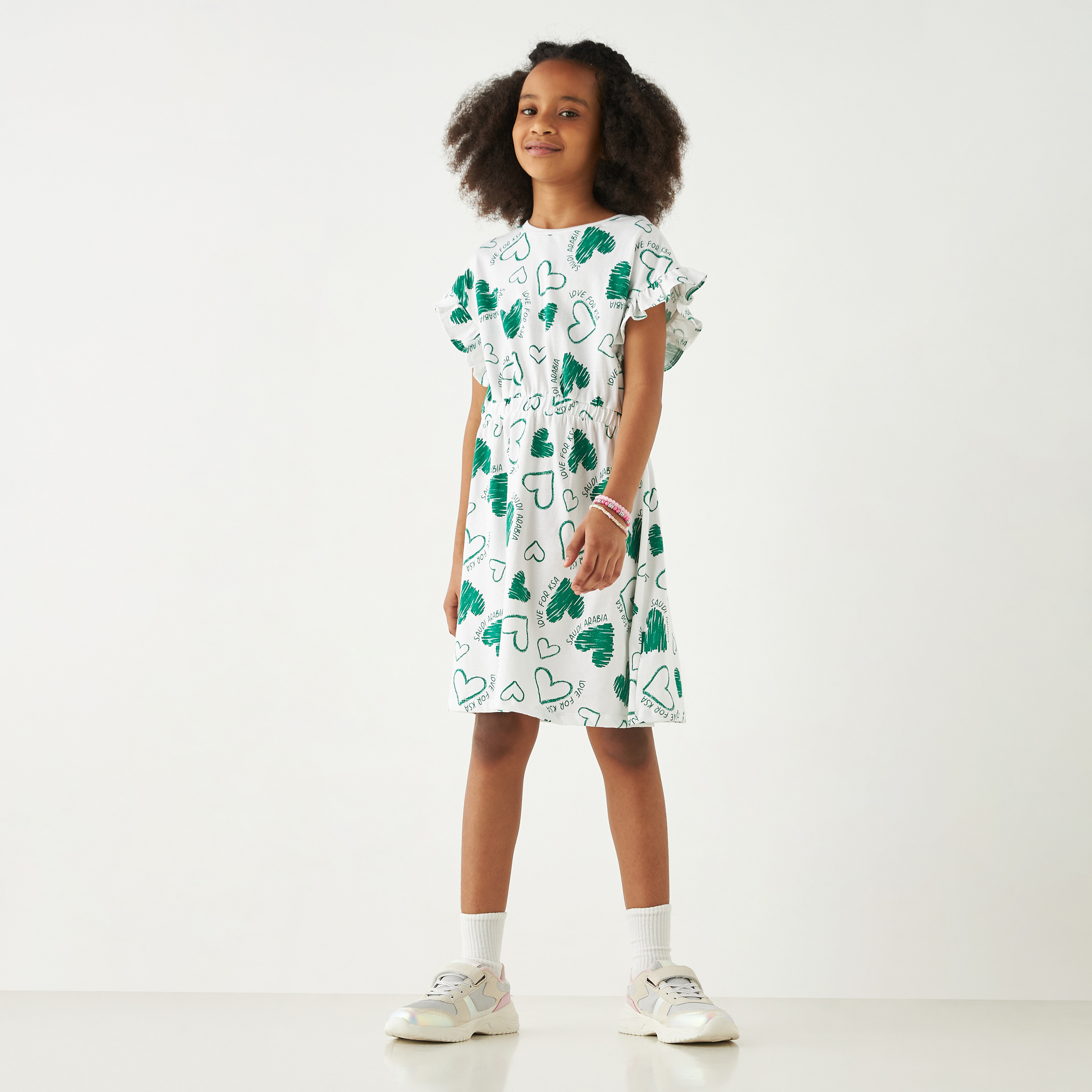 Juniors All-Over KSA National Day Print Dress with Puff Sleeves-girls-clothing-dressesandjumpsuits-image-2