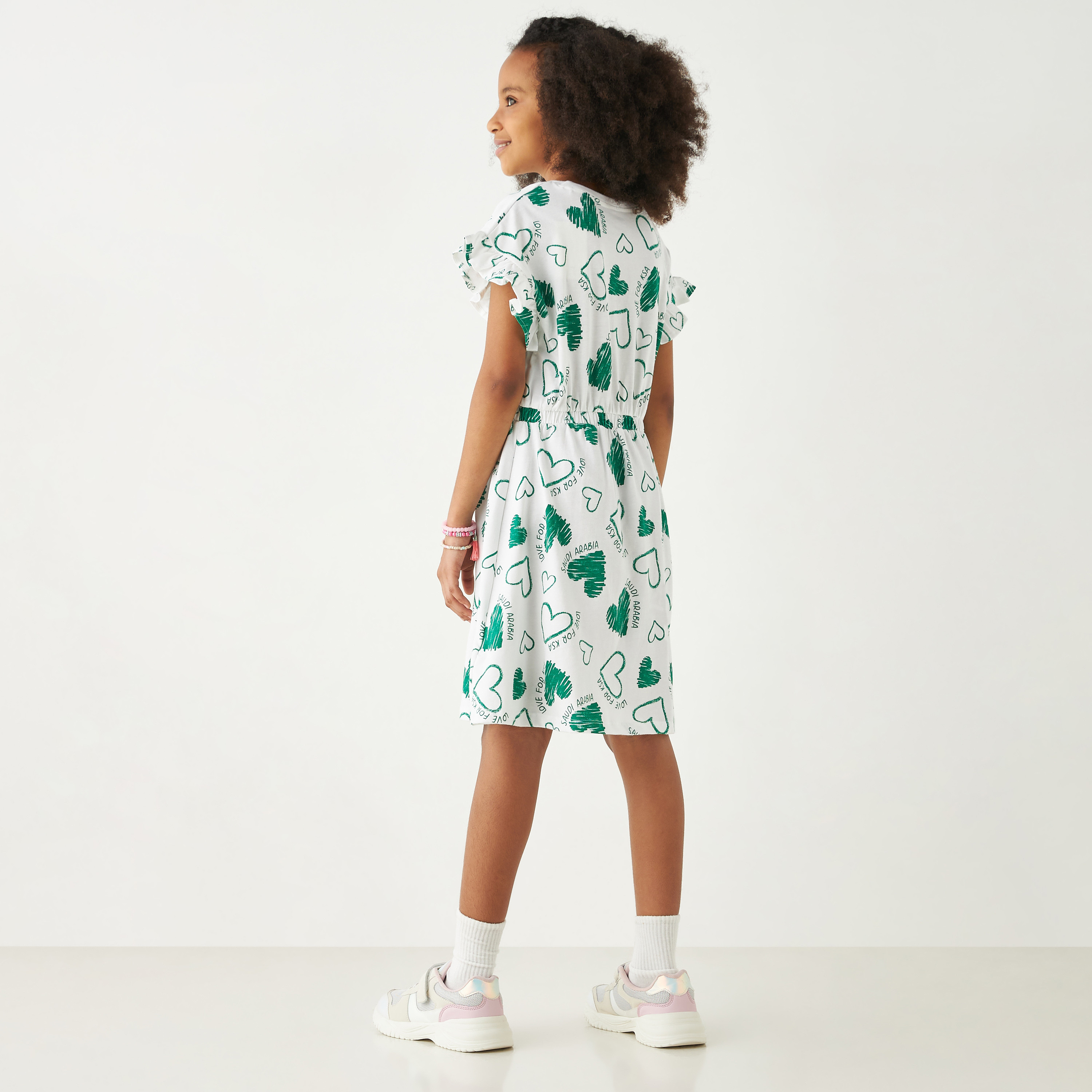 Juniors All-Over KSA National Day Print Dress with Puff Sleeves-girls-clothing-dressesandjumpsuits-image-3