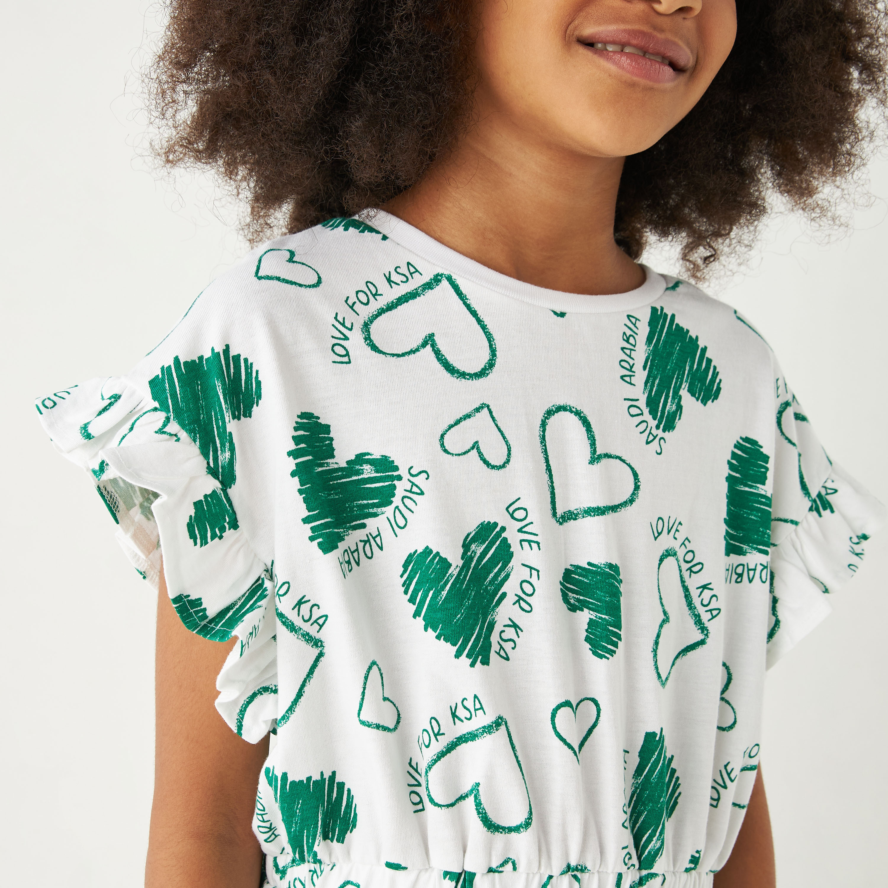 Juniors All-Over KSA National Day Print Dress with Puff Sleeves-girls-clothing-dressesandjumpsuits-image-4