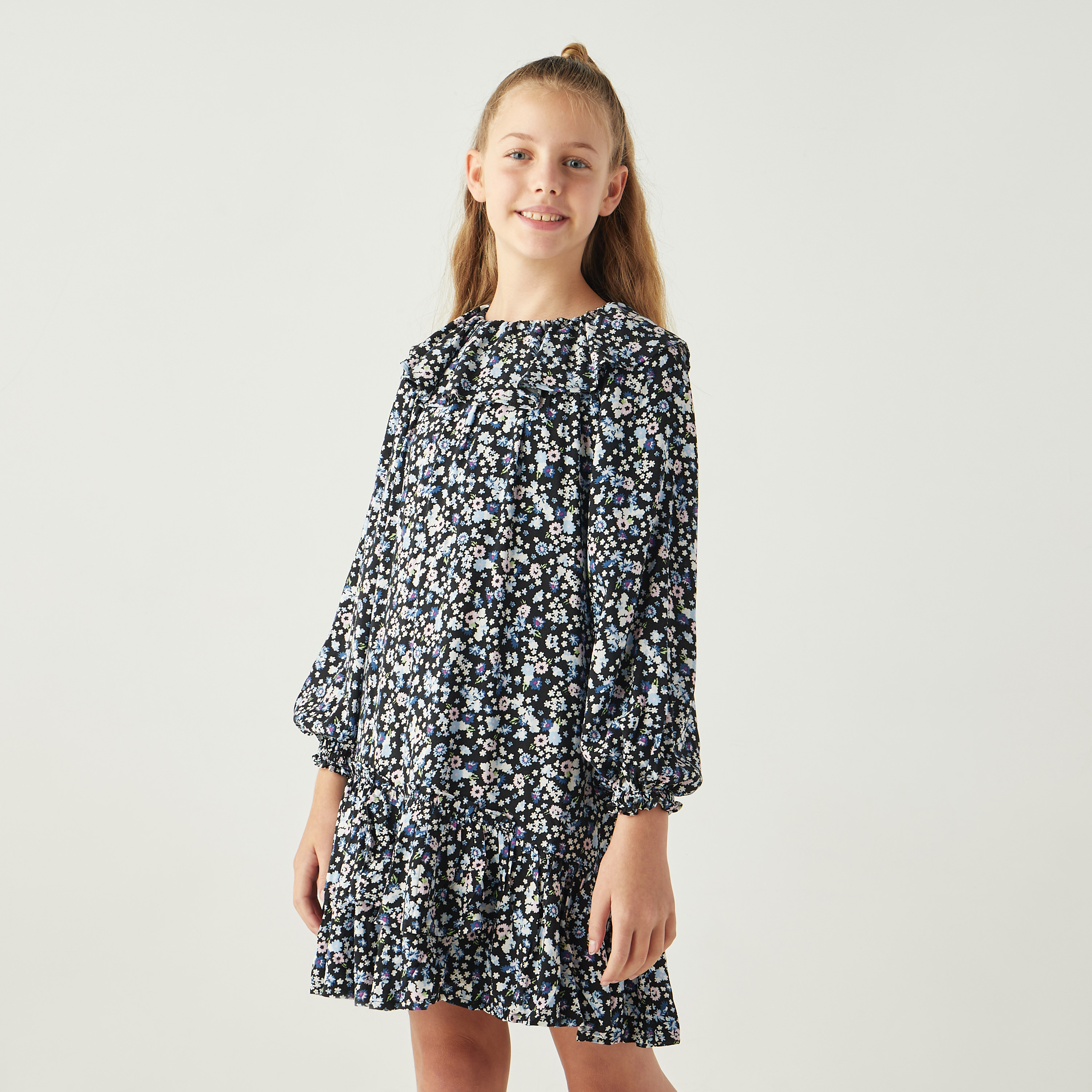 Juniors All-Over Floral Print A-line Dress with Ruffle Neck and Flounce Hem-girls-clothing-dressesandjumpsuits-image-1
