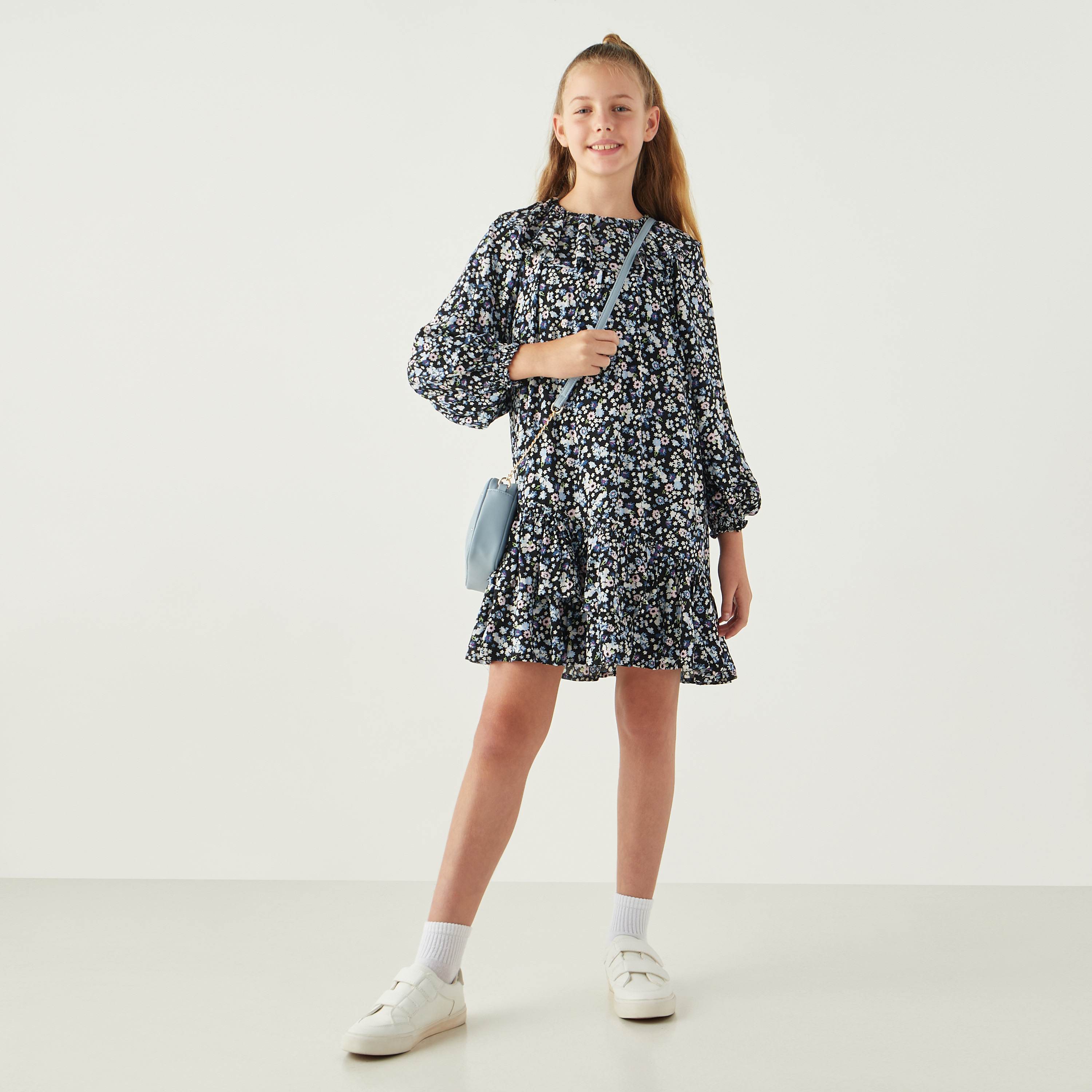 Juniors All-Over Floral Print A-line Dress with Ruffle Neck and Flounce Hem-girls-clothing-dressesandjumpsuits-image-2