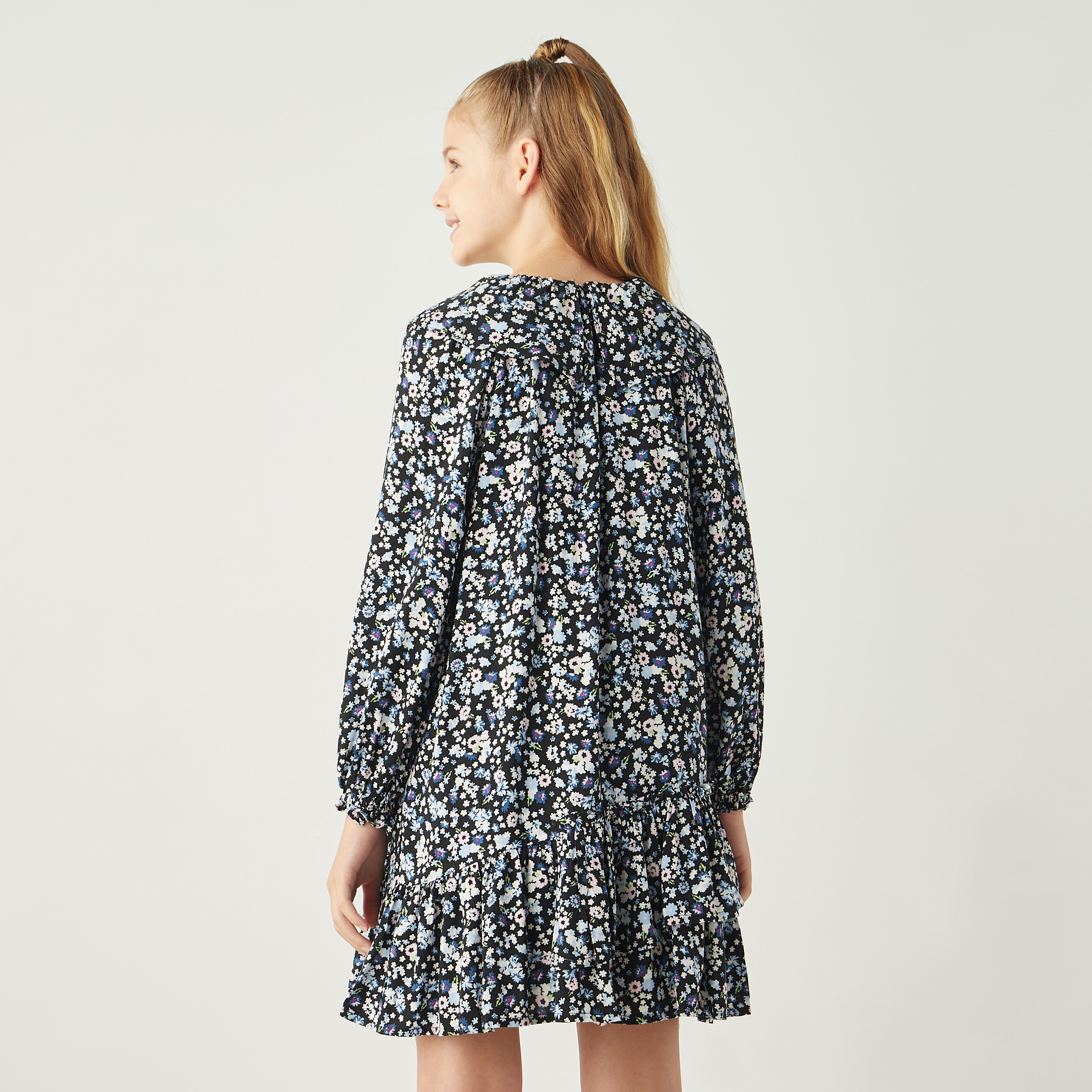 Juniors All-Over Floral Print A-line Dress with Ruffle Neck and Flounce Hem-girls-clothing-dressesandjumpsuits-image-3