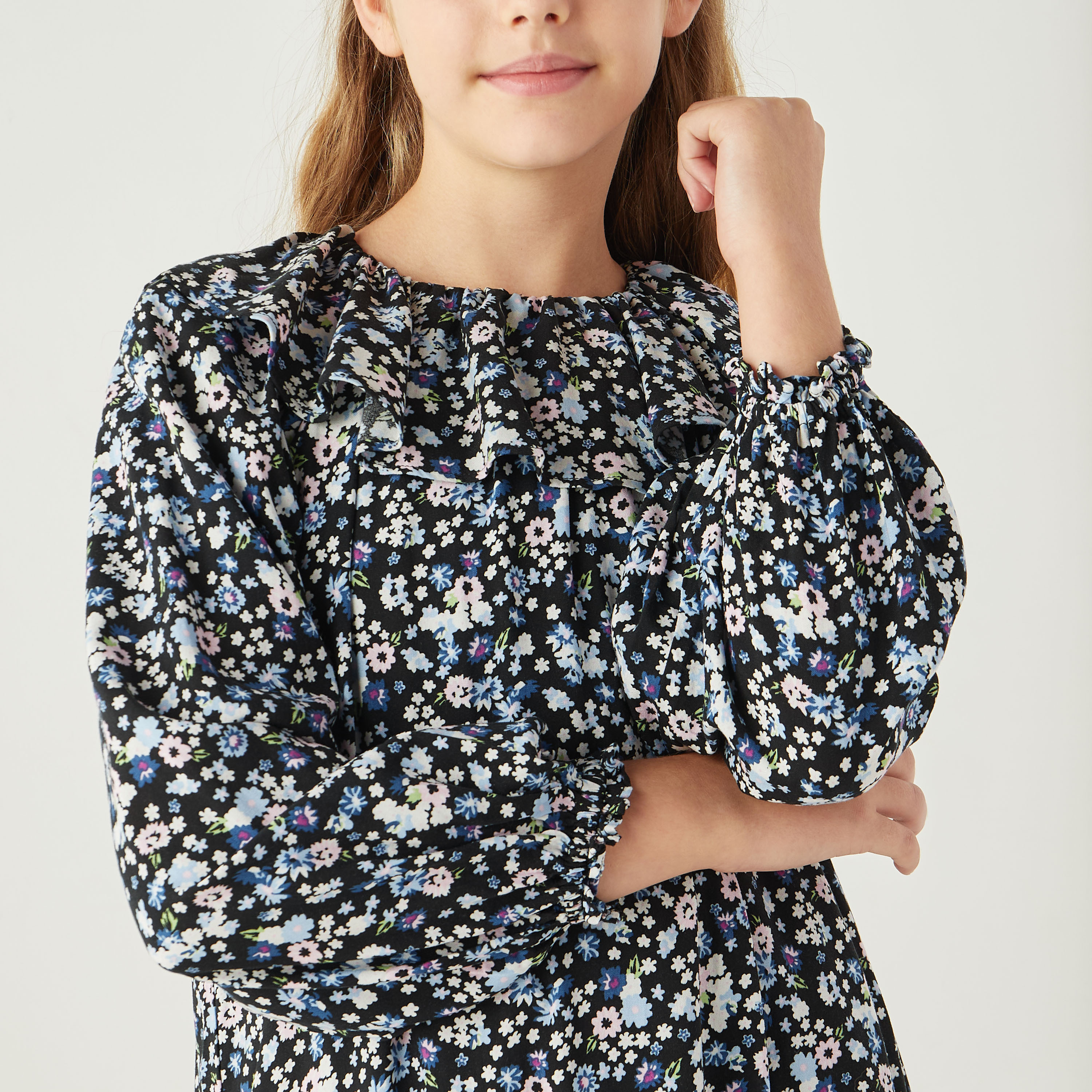 Juniors All-Over Floral Print A-line Dress with Ruffle Neck and Flounce Hem-girls-clothing-dressesandjumpsuits-image-4