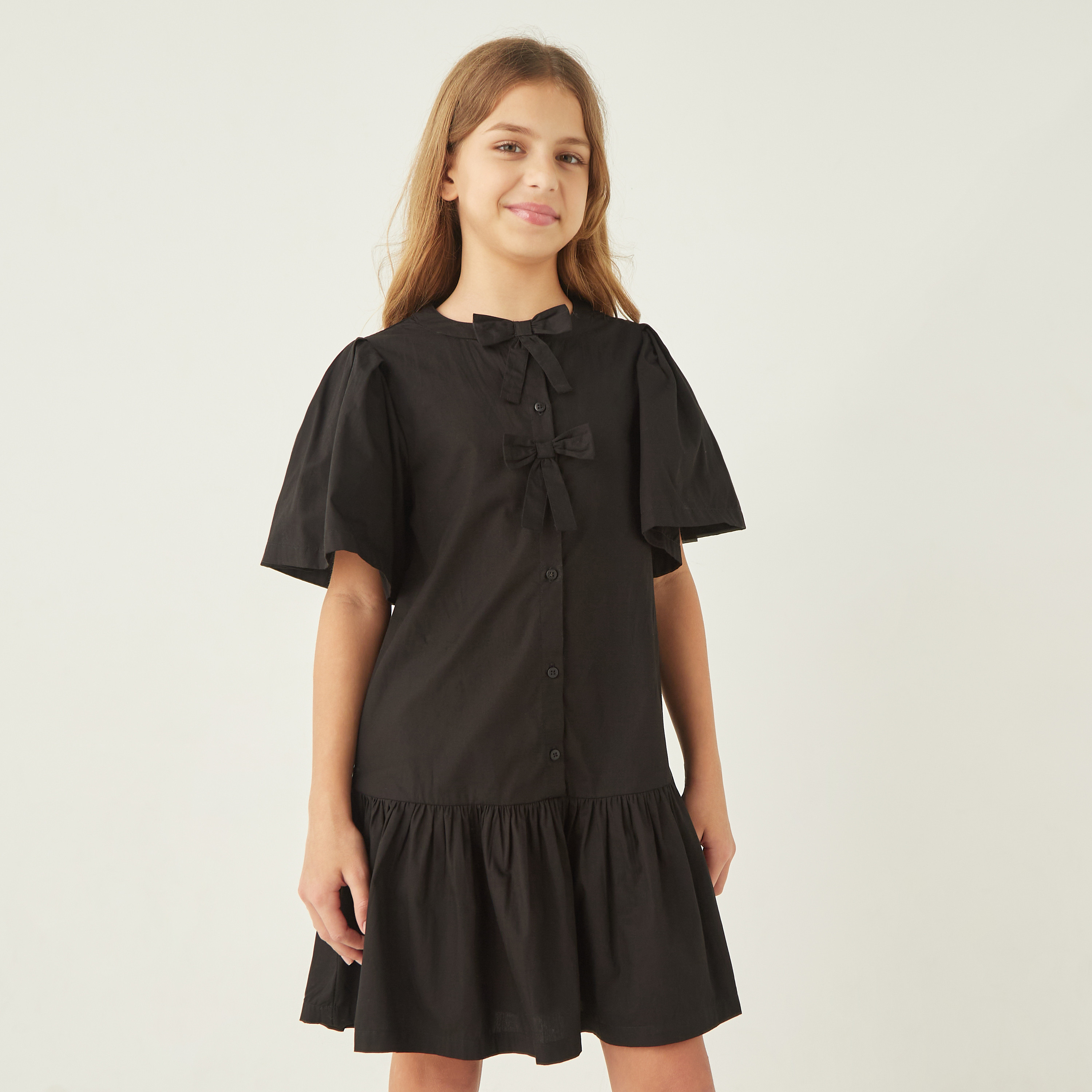 Juniors Solid Drop Waist Dress with Bow Applique and Flutter Sleeves-girls-clothing-dressesandjumpsuits-image-1