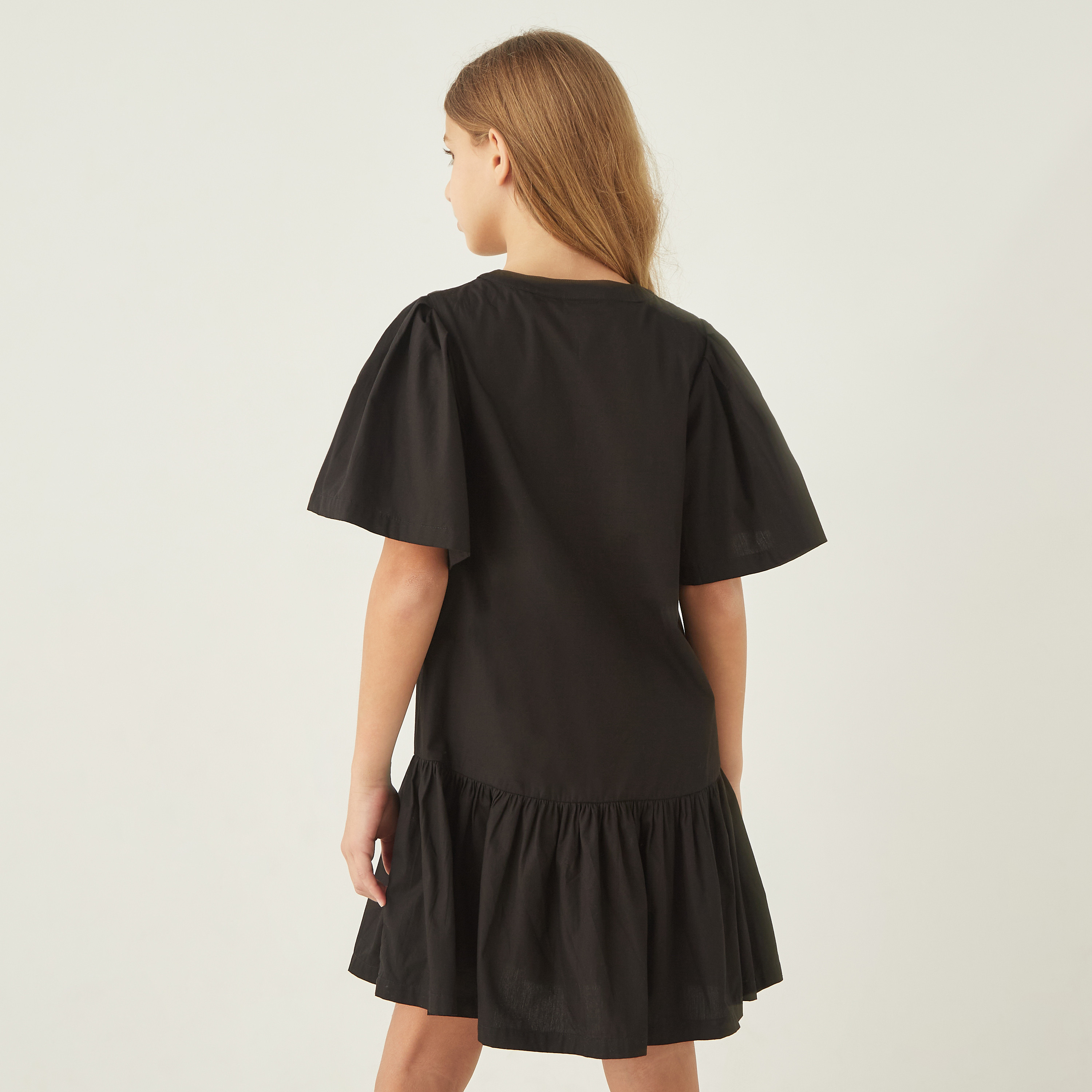 Juniors Solid Drop Waist Dress with Bow Applique and Flutter Sleeves-girls-clothing-dressesandjumpsuits-image-3