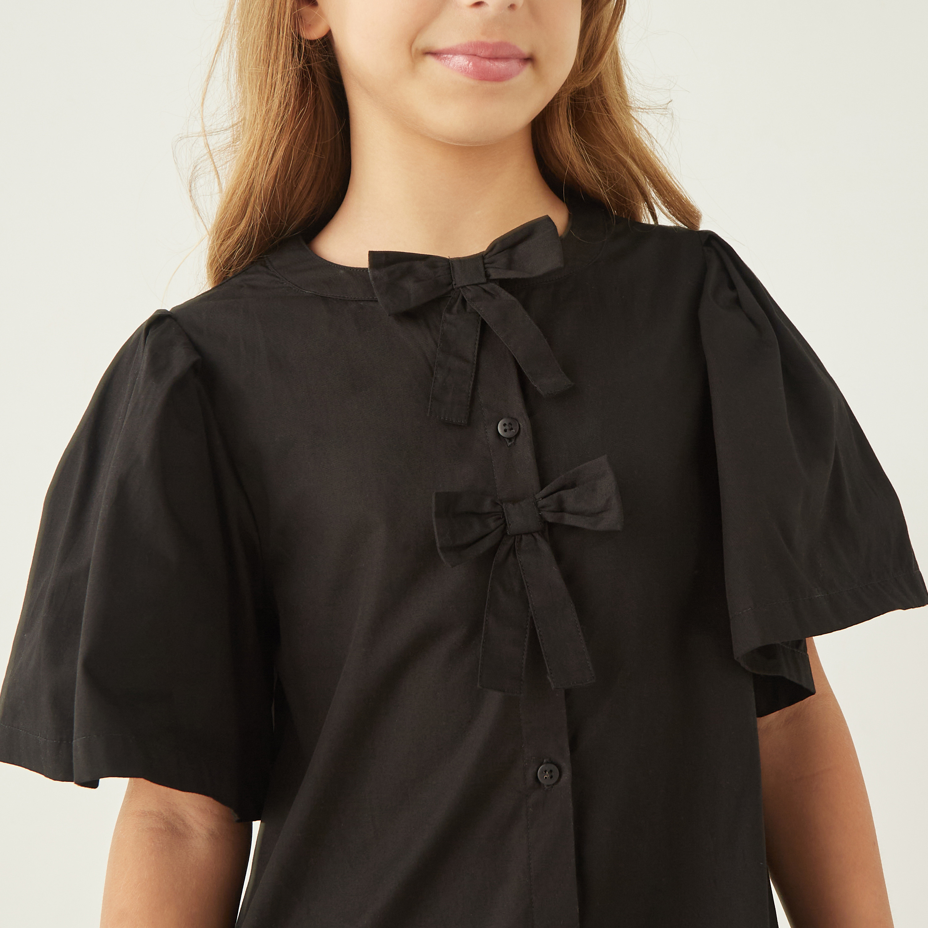 Juniors Solid Drop Waist Dress with Bow Applique and Flutter Sleeves-girls-clothing-dressesandjumpsuits-image-4