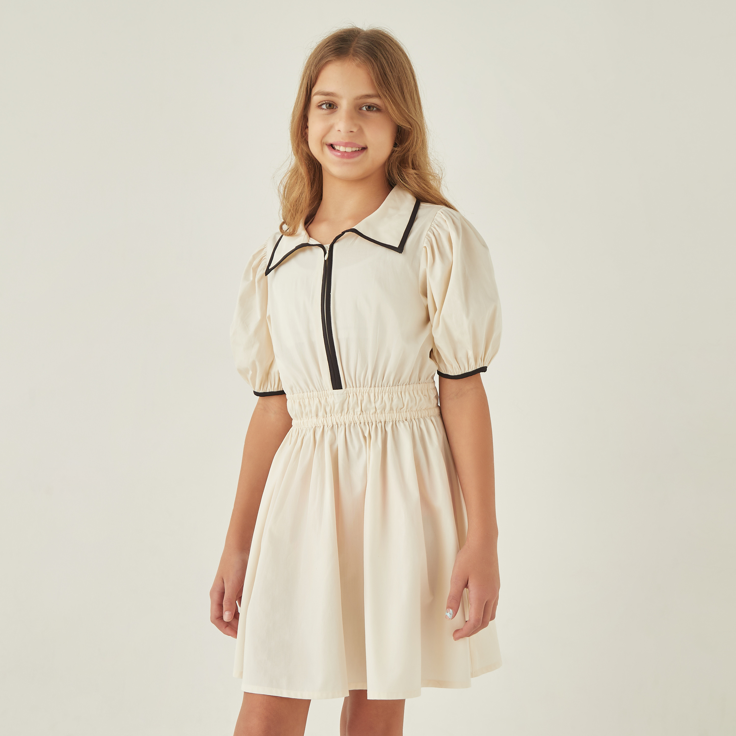 Juniors Solid Collared Dress with Short Puff Sleeves and Piping Detail-girls-clothing-dressesandjumpsuits-image-1