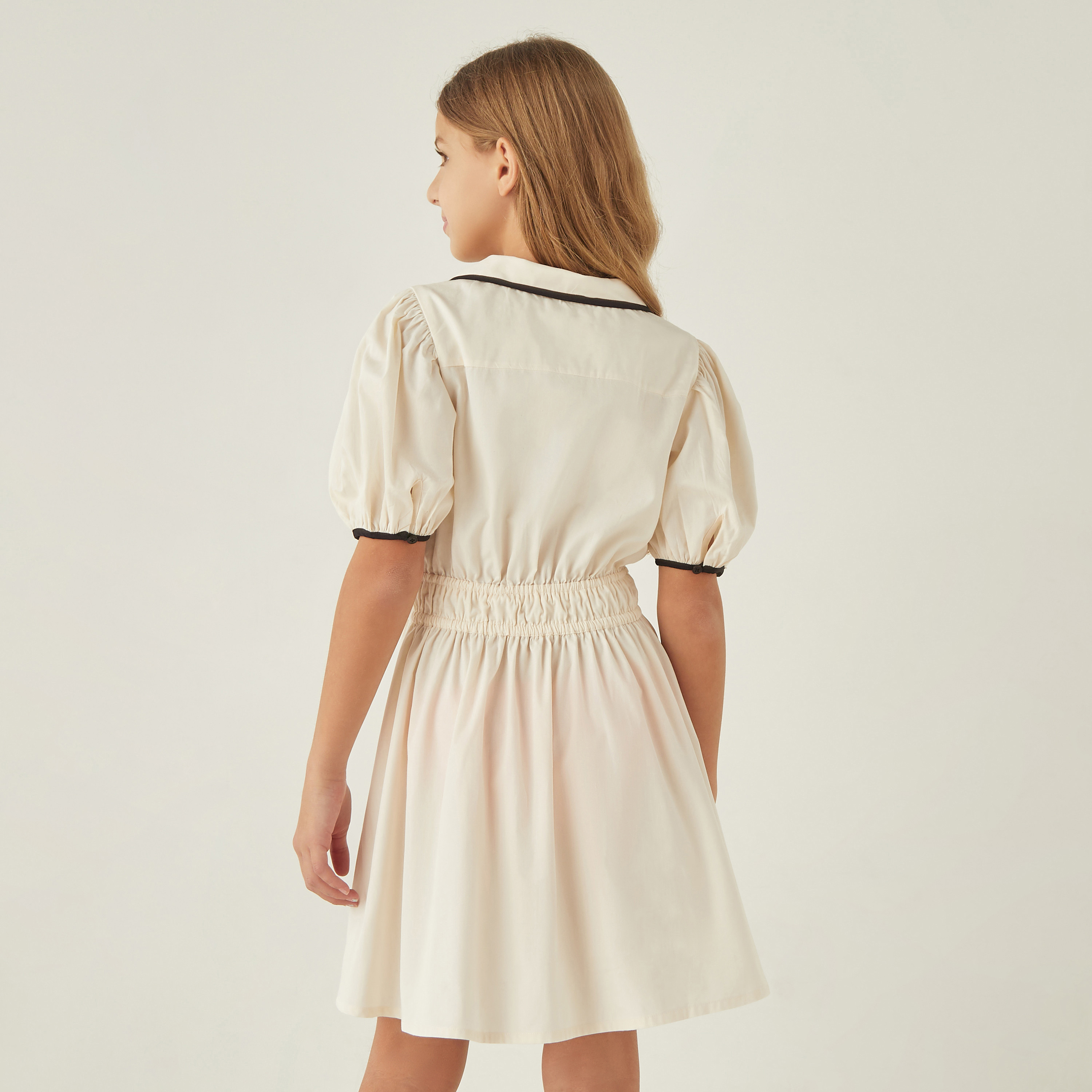 Juniors Solid Collared Dress with Short Puff Sleeves and Piping Detail-girls-clothing-dressesandjumpsuits-image-3