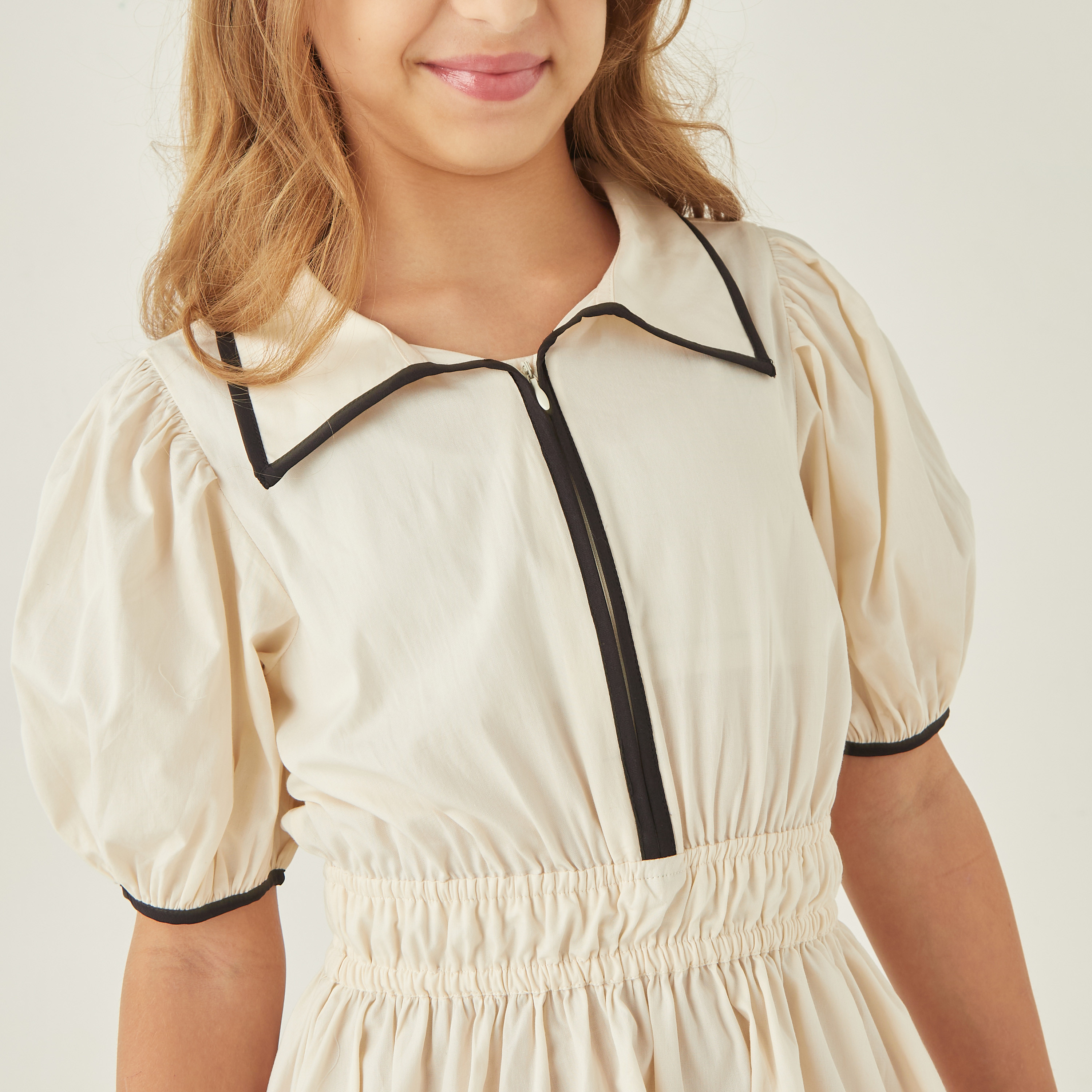 Juniors Solid Collared Dress with Short Puff Sleeves and Piping Detail-girls-clothing-dressesandjumpsuits-image-4