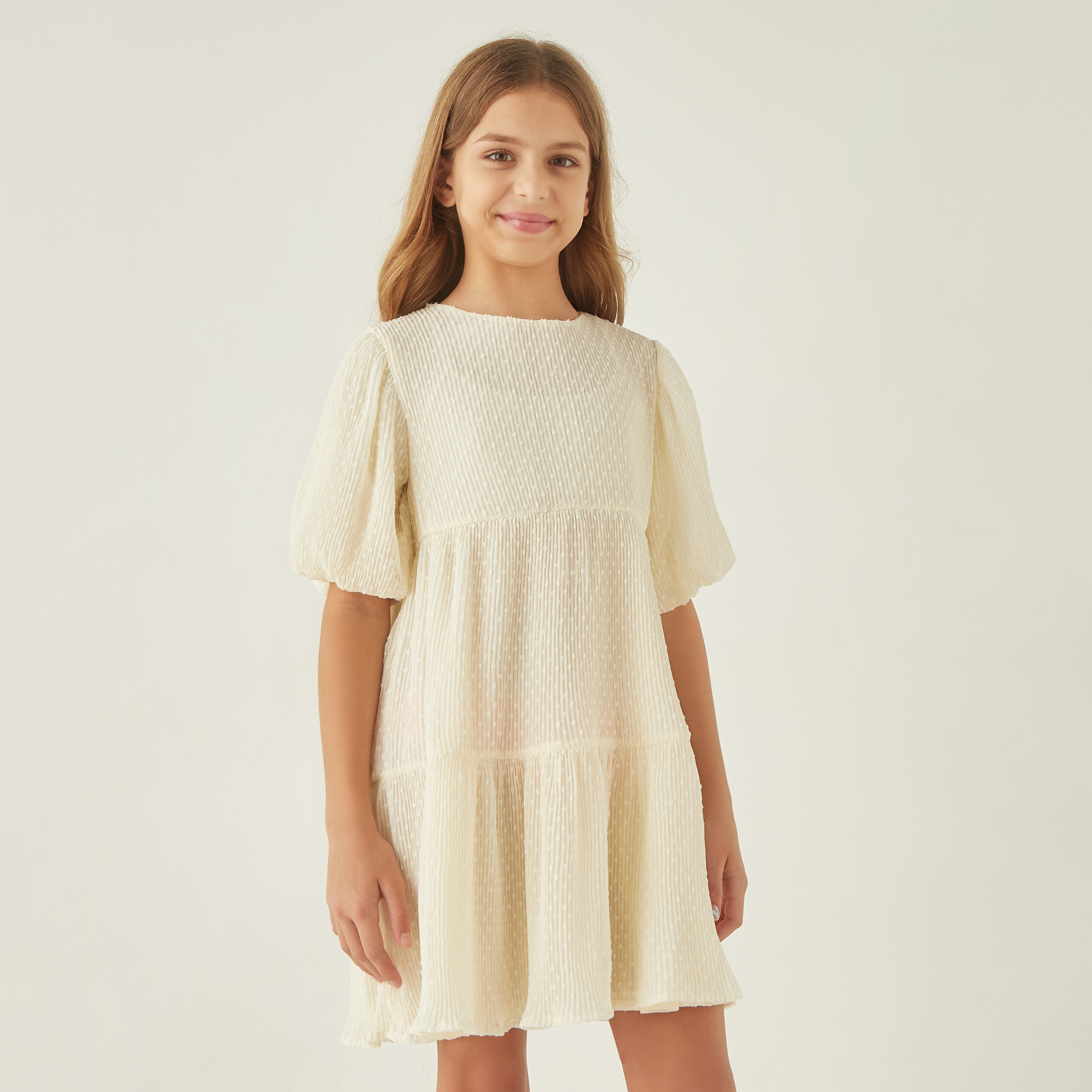 Juniors Textured Tiered Dress with Round Neck and Button Closure-girls-clothing-dressesandjumpsuits-image-1