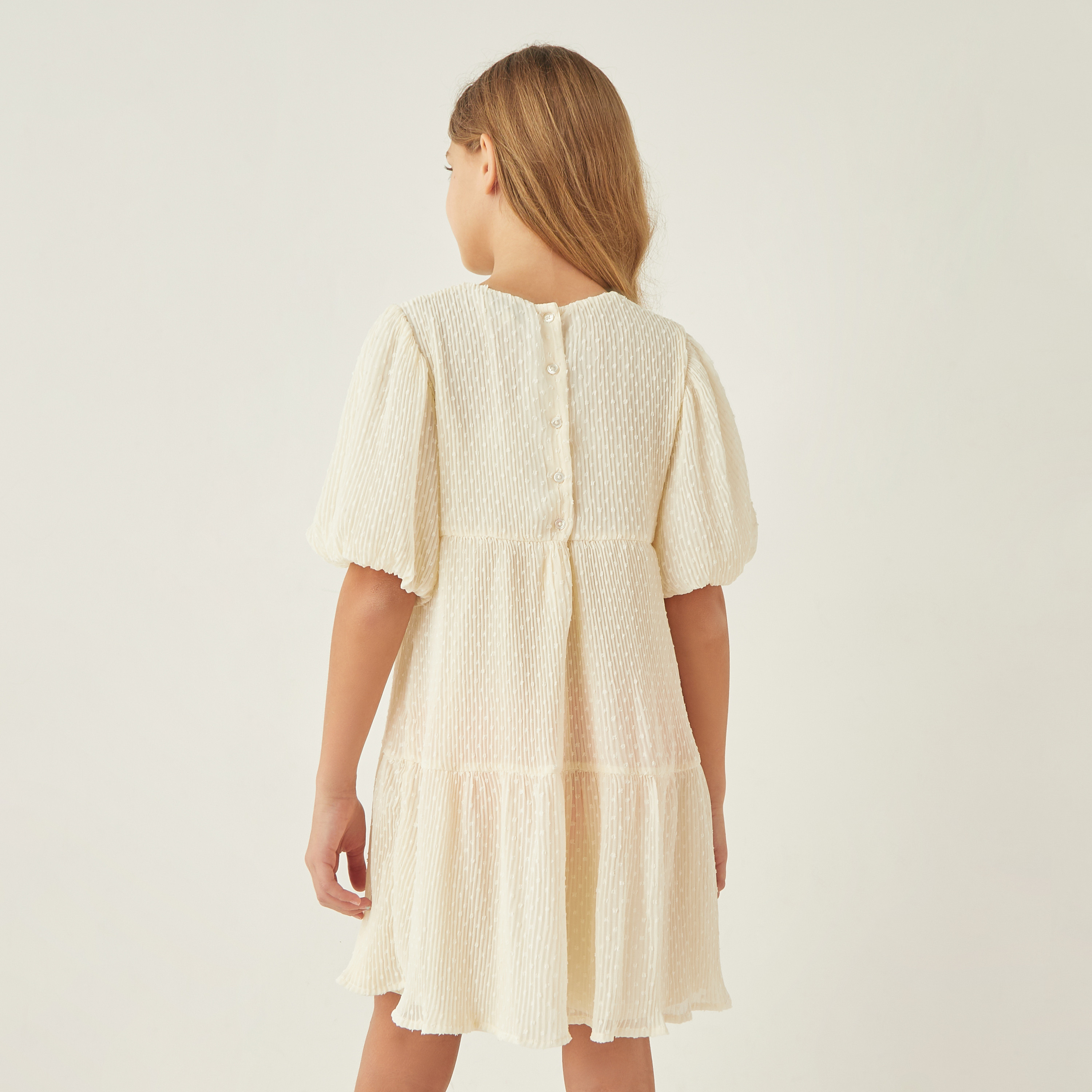 Juniors Textured Tiered Dress with Round Neck and Button Closure-girls-clothing-dressesandjumpsuits-image-3