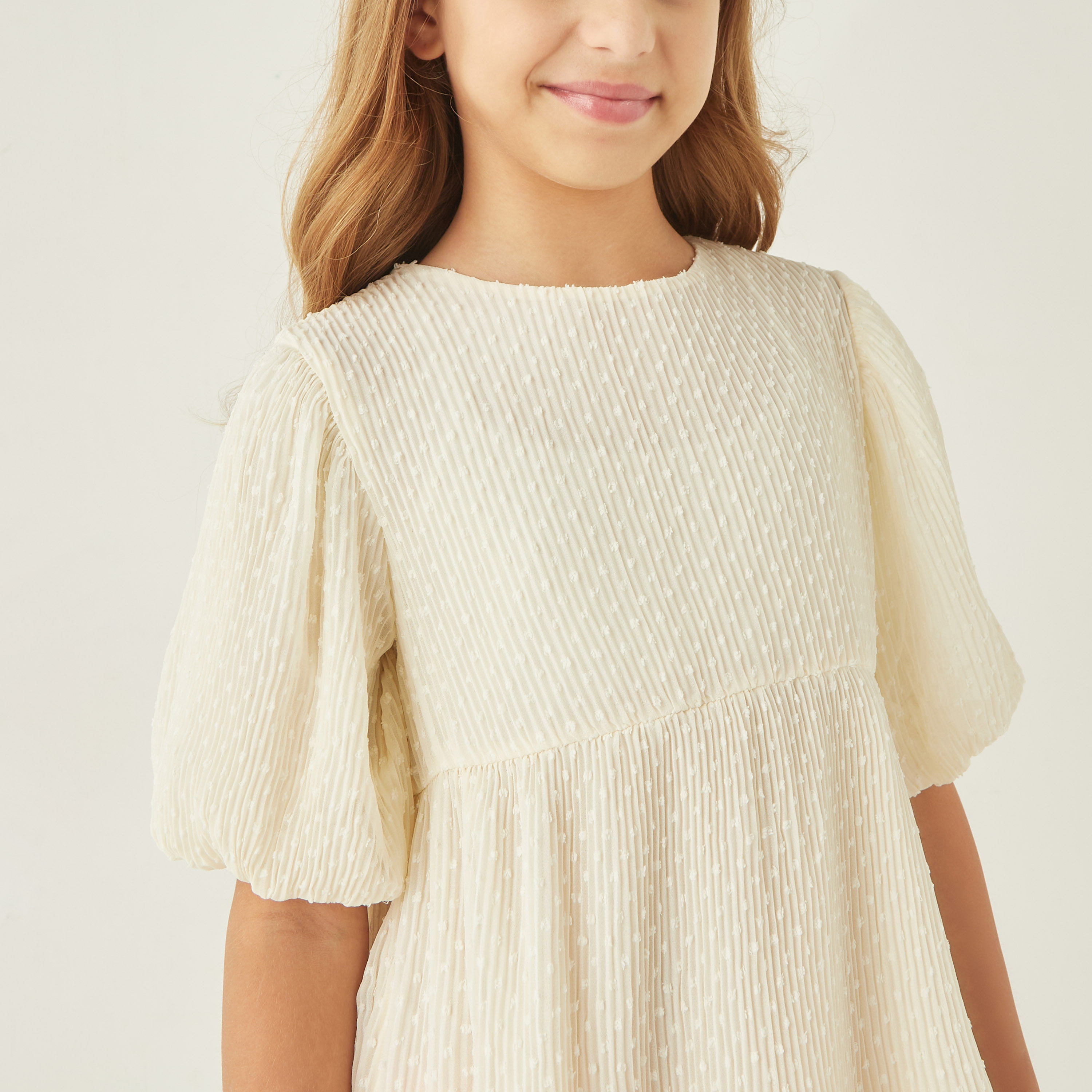 Juniors Textured Tiered Dress with Round Neck and Button Closure-girls-clothing-dressesandjumpsuits-image-4