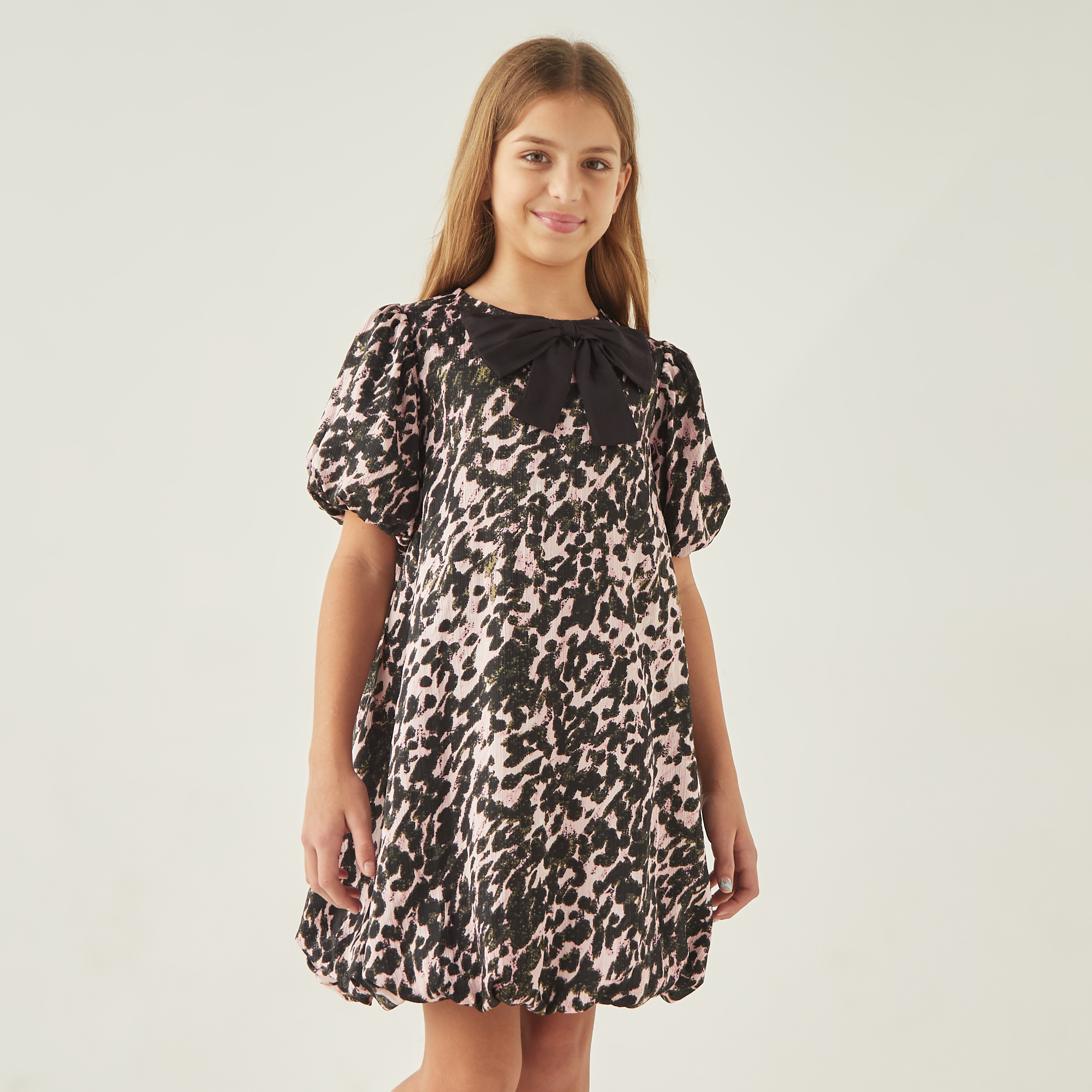 Juniors All-Over Print A-Line Dress with Bow Detail and Short Sleeves-girls-clothing-dressesandjumpsuits-image-1