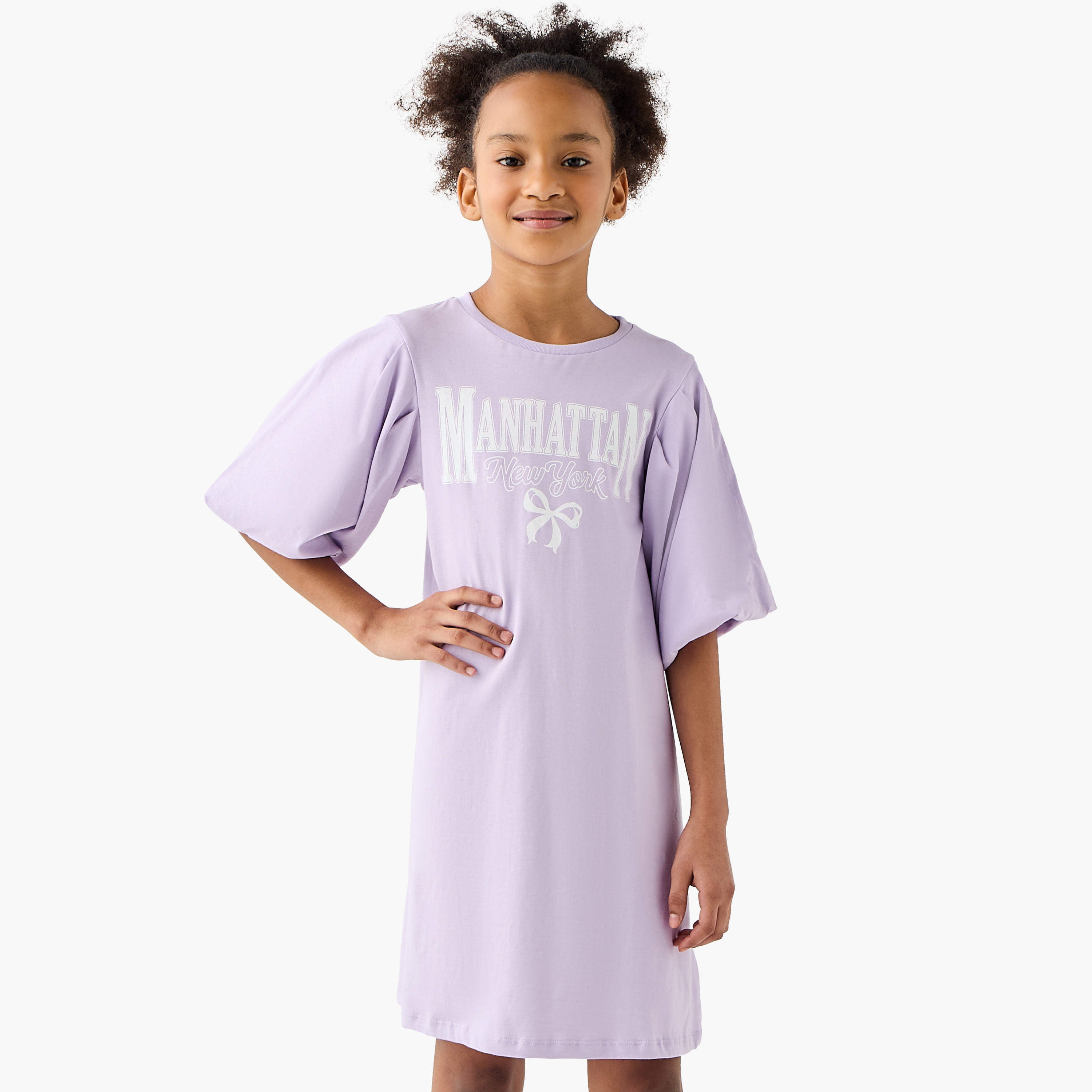 Juniors Printed A-line Dress with Round Neck and Balloon Sleeves-girls-clothing-dressesandjumpsuits-image-1