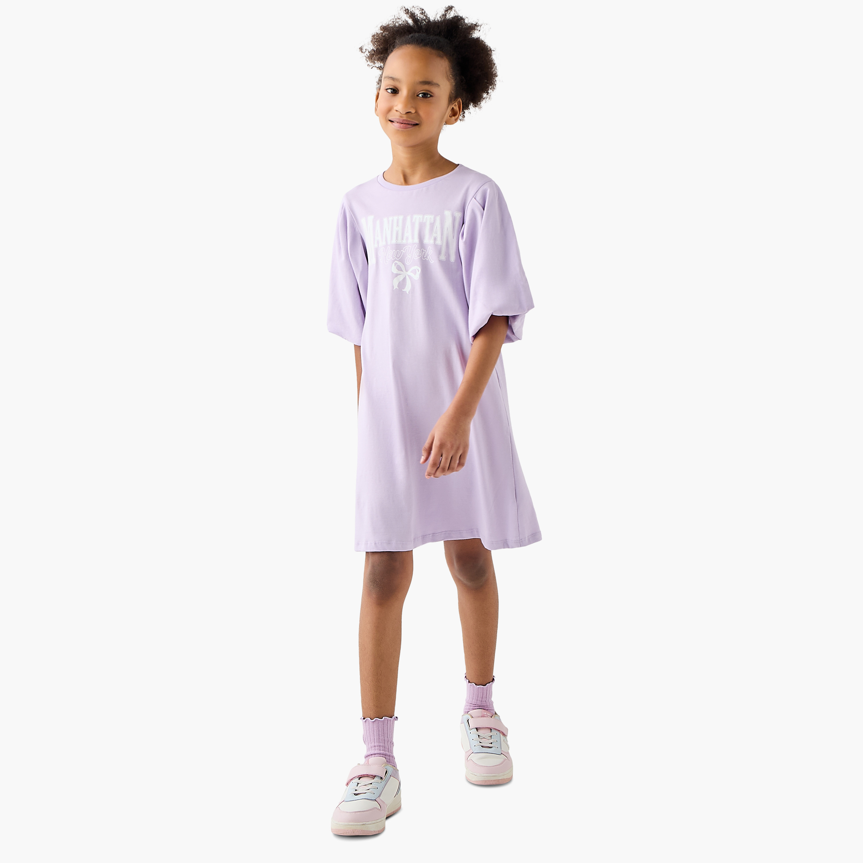 Juniors Printed A-line Dress with Round Neck and Balloon Sleeves-girls-clothing-dressesandjumpsuits-image-2