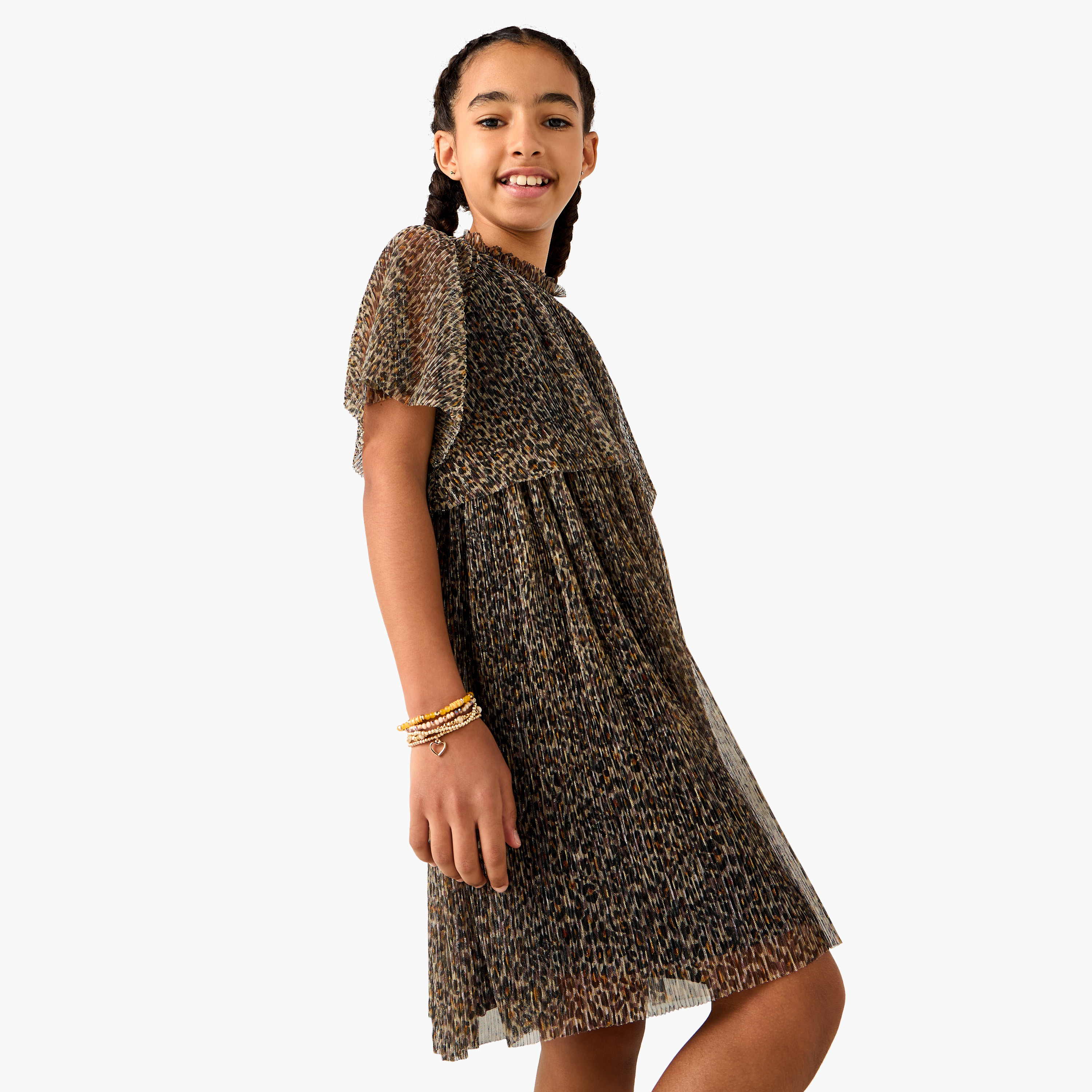 Juniors Animal Print Ruffle Detail Dress with Short Sleeves-girls-clothing-dressesandjumpsuits-image-1