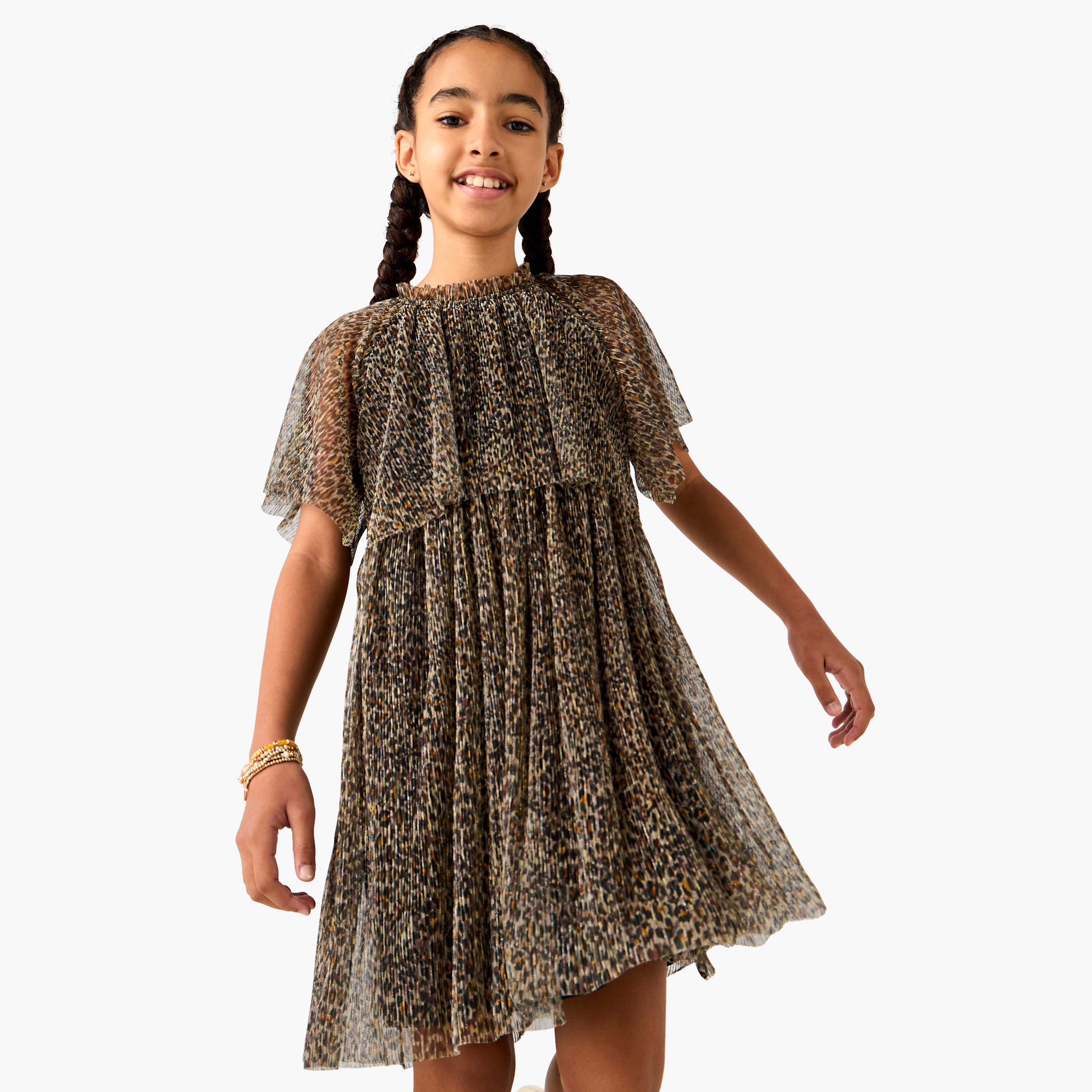 Juniors Animal Print Ruffle Detail Dress with Short Sleeves-girls-clothing-dressesandjumpsuits-image-6
