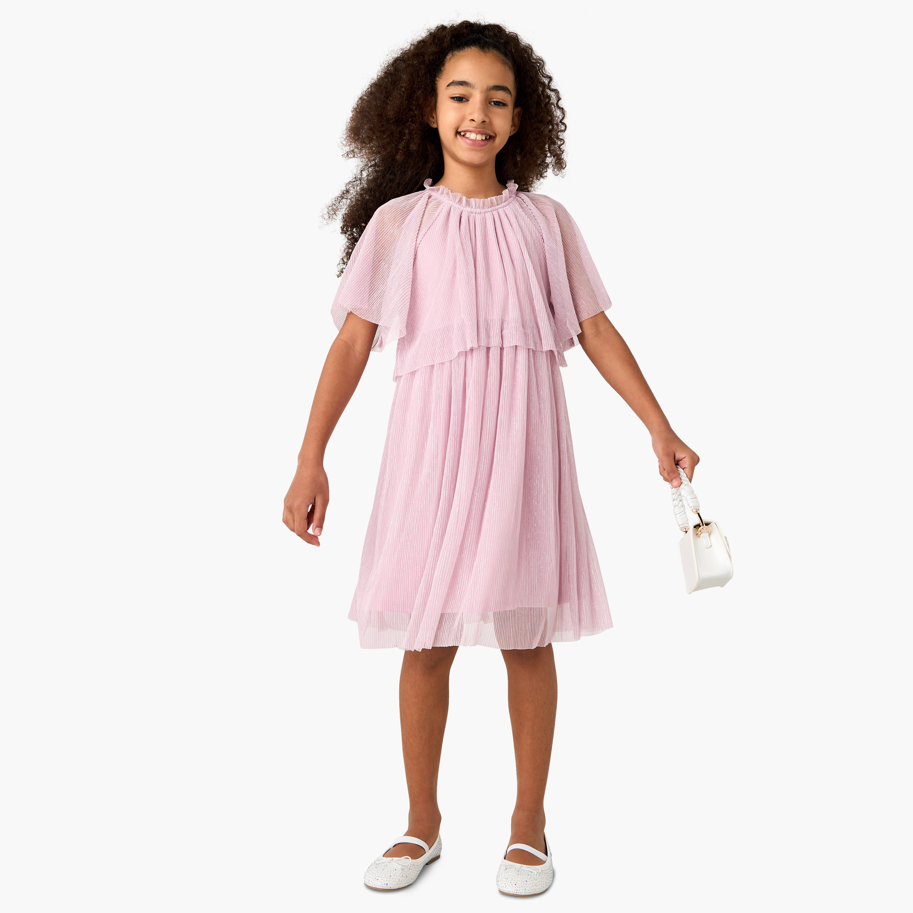 Juniors Solid A-line Dress with Pie Crust Neck and Layered Detail-girls-clothing-dressesandjumpsuits-image-1