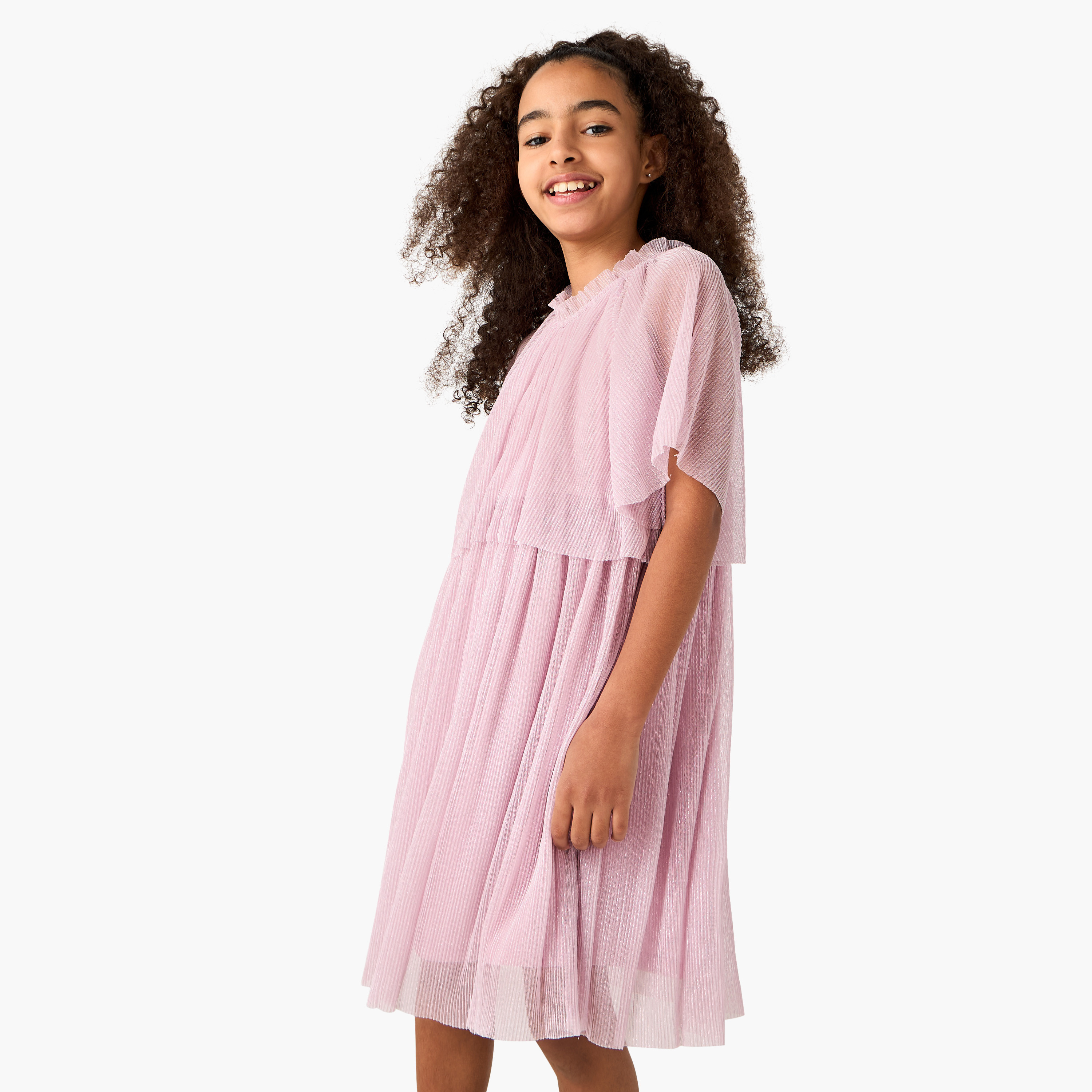 Juniors Solid A-line Dress with Pie Crust Neck and Layered Detail-girls-clothing-dressesandjumpsuits-image-2