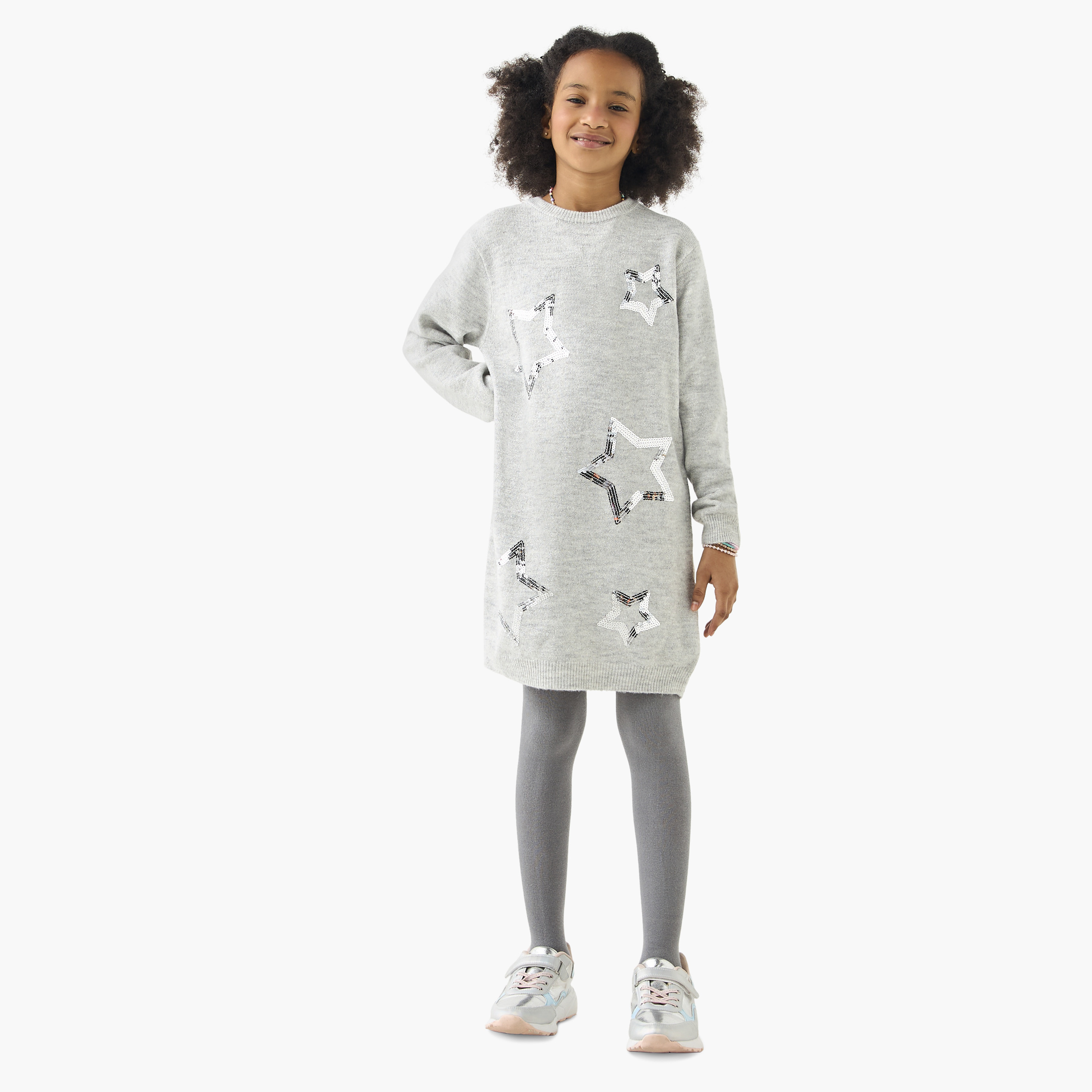 Shop Juniors Star Embellished Sweater Dress with Long Sleeves and Tights Online Babyshop UAE