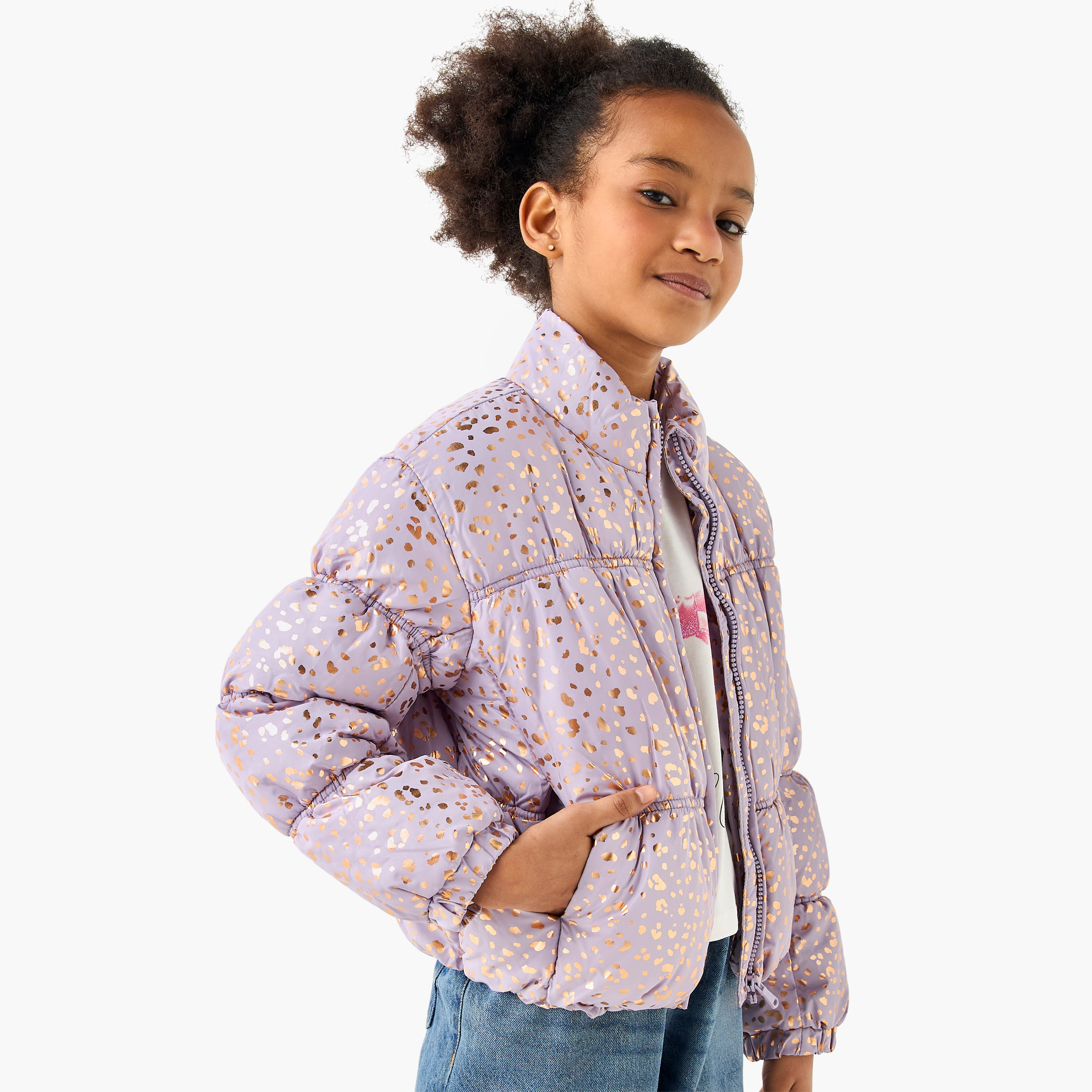 Juniors All-Over Print Zip Through Puffer Jacket with Pockets-girls-clothing-jacketsandcoats-image-1
