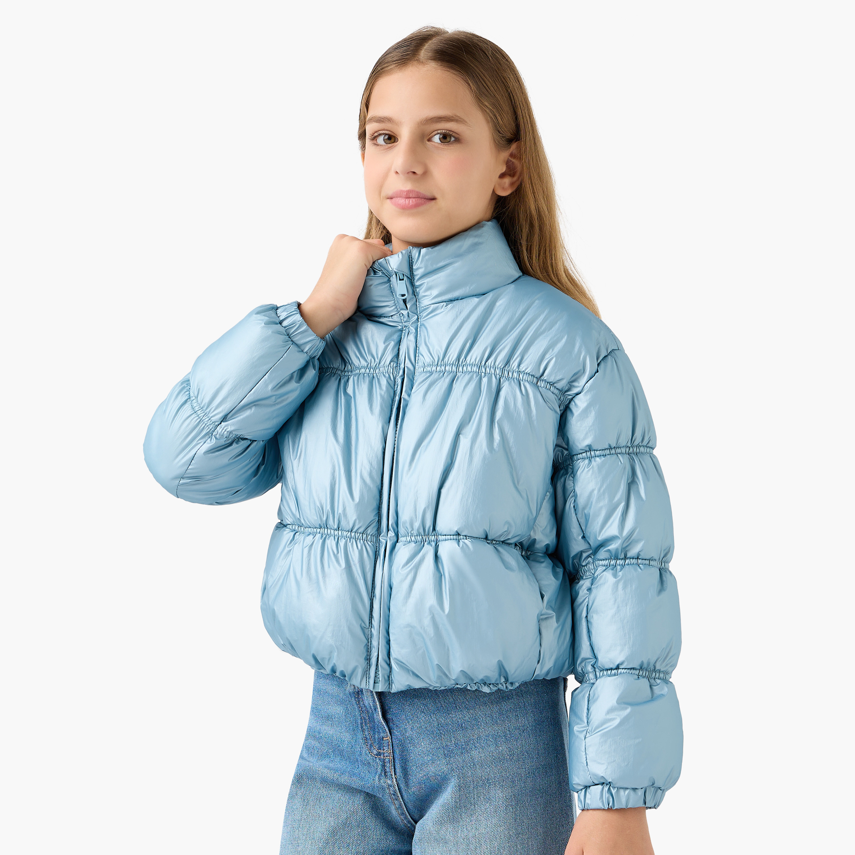 Juniors Solid Padded Jacket with High Neck and Zip Closure-girls-clothing-jacketsandcoats-image-1