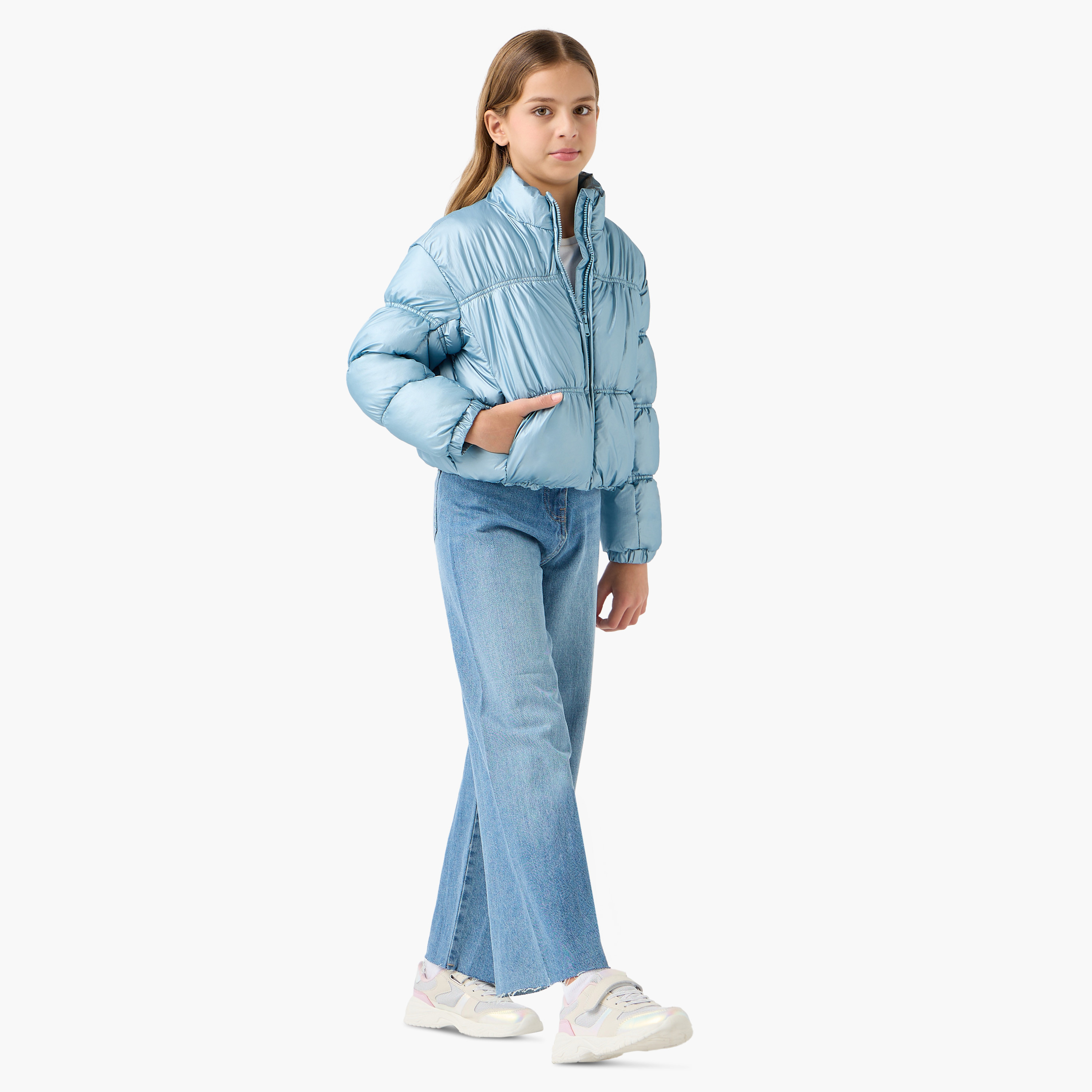 Juniors Solid Padded Jacket with High Neck and Zip Closure-girls-clothing-jacketsandcoats-image-2