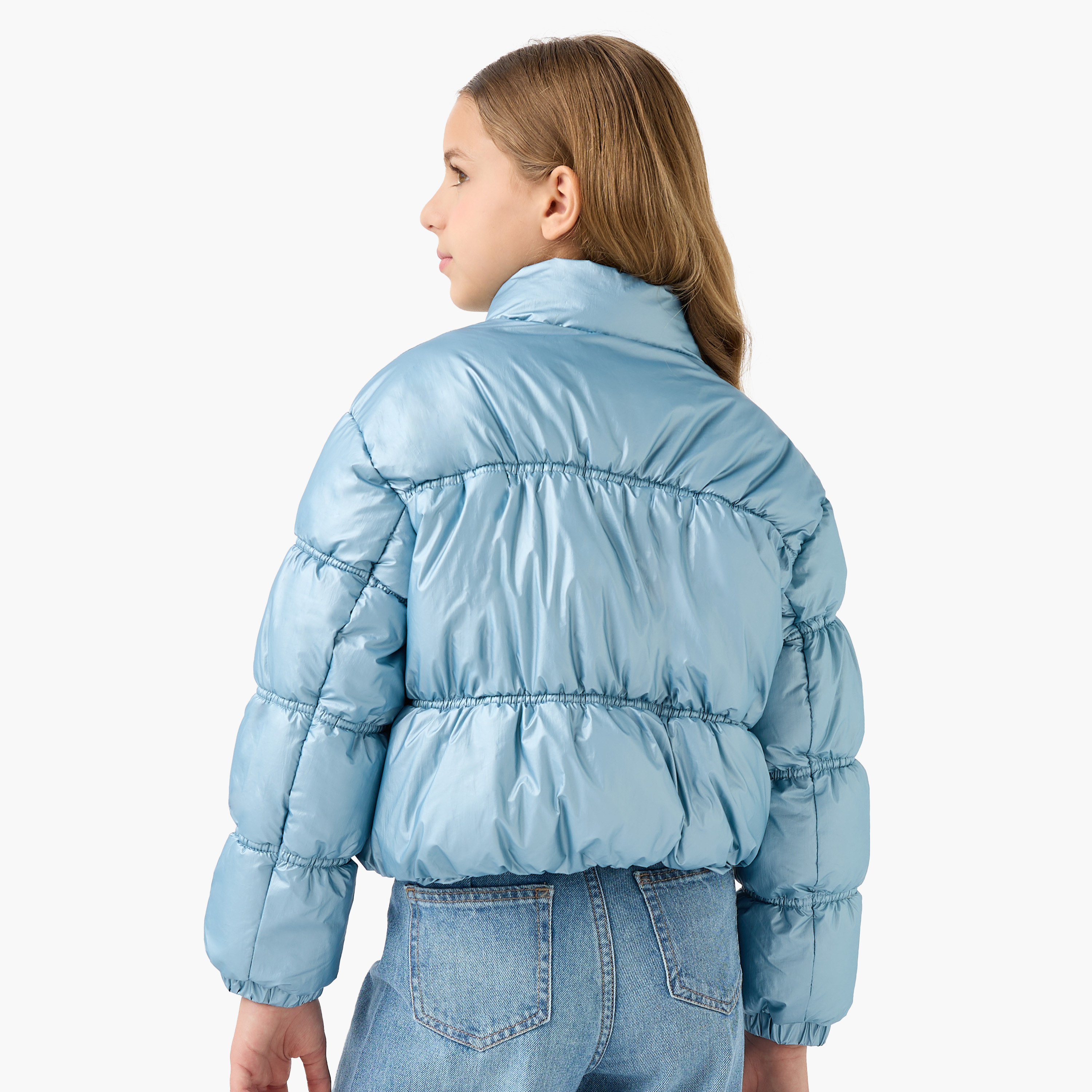 Juniors Solid Padded Jacket with High Neck and Zip Closure-girls-clothing-jacketsandcoats-image-3