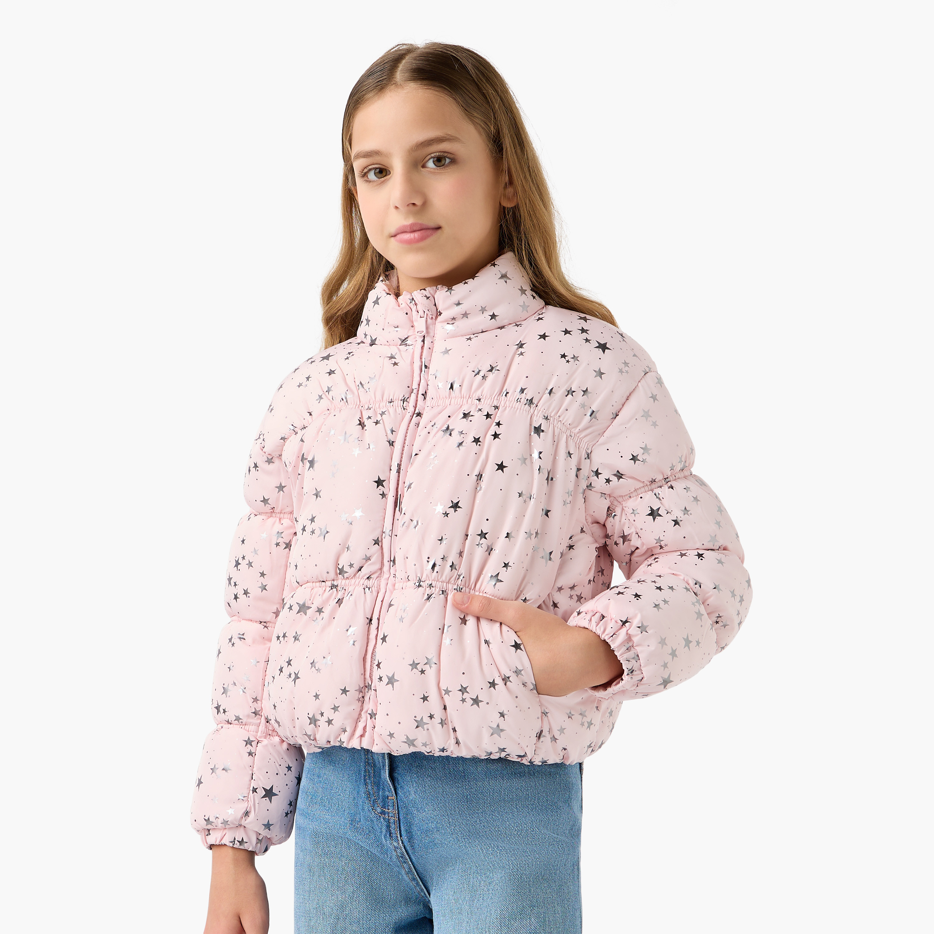 Juniors All-Over Print Zip Through Puffer Jacket with Pockets-girls-clothing-jacketsandcoats-image-5
