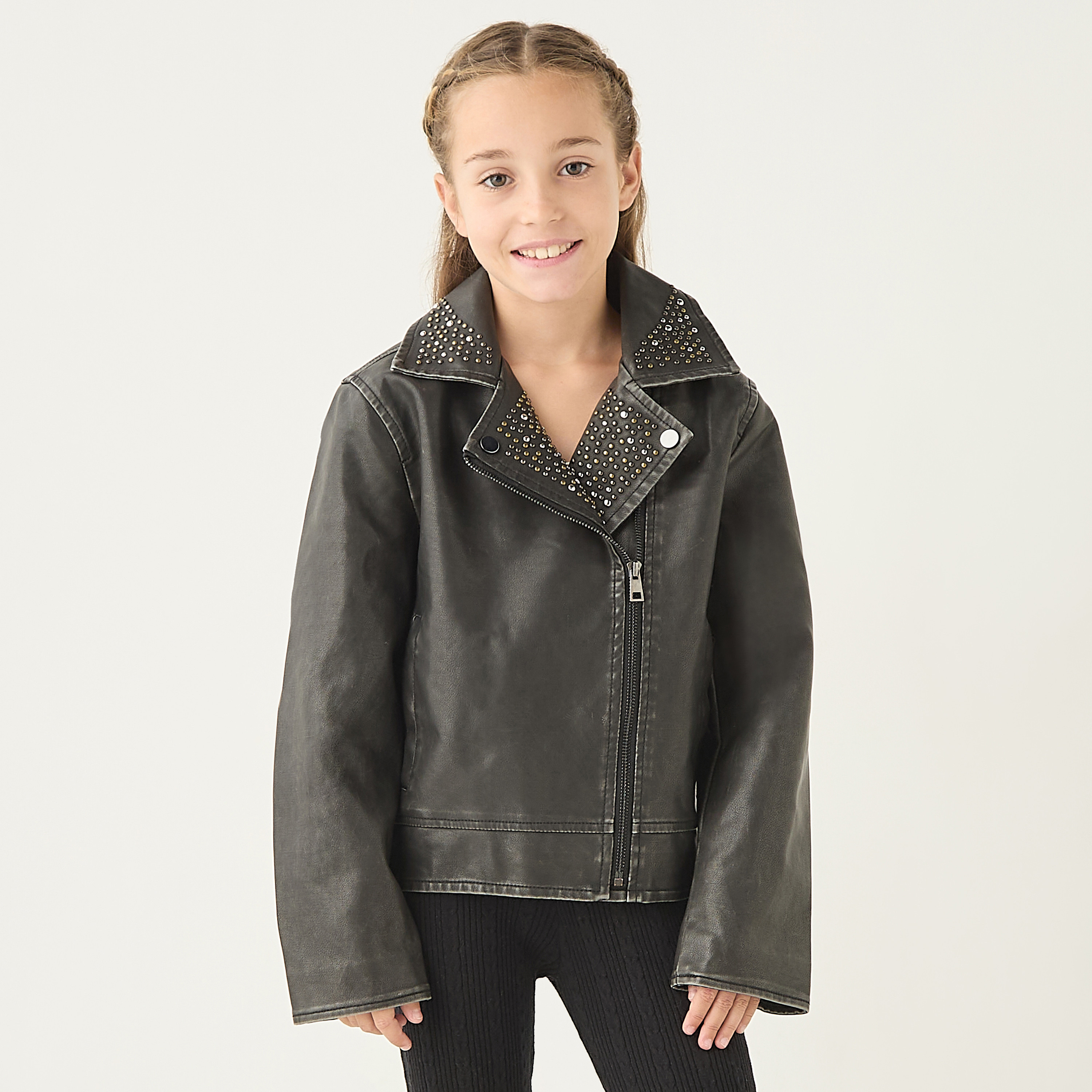 Buy Juniors Studded Pleather Jacket with Long Sleeves Online Babyshop UAE