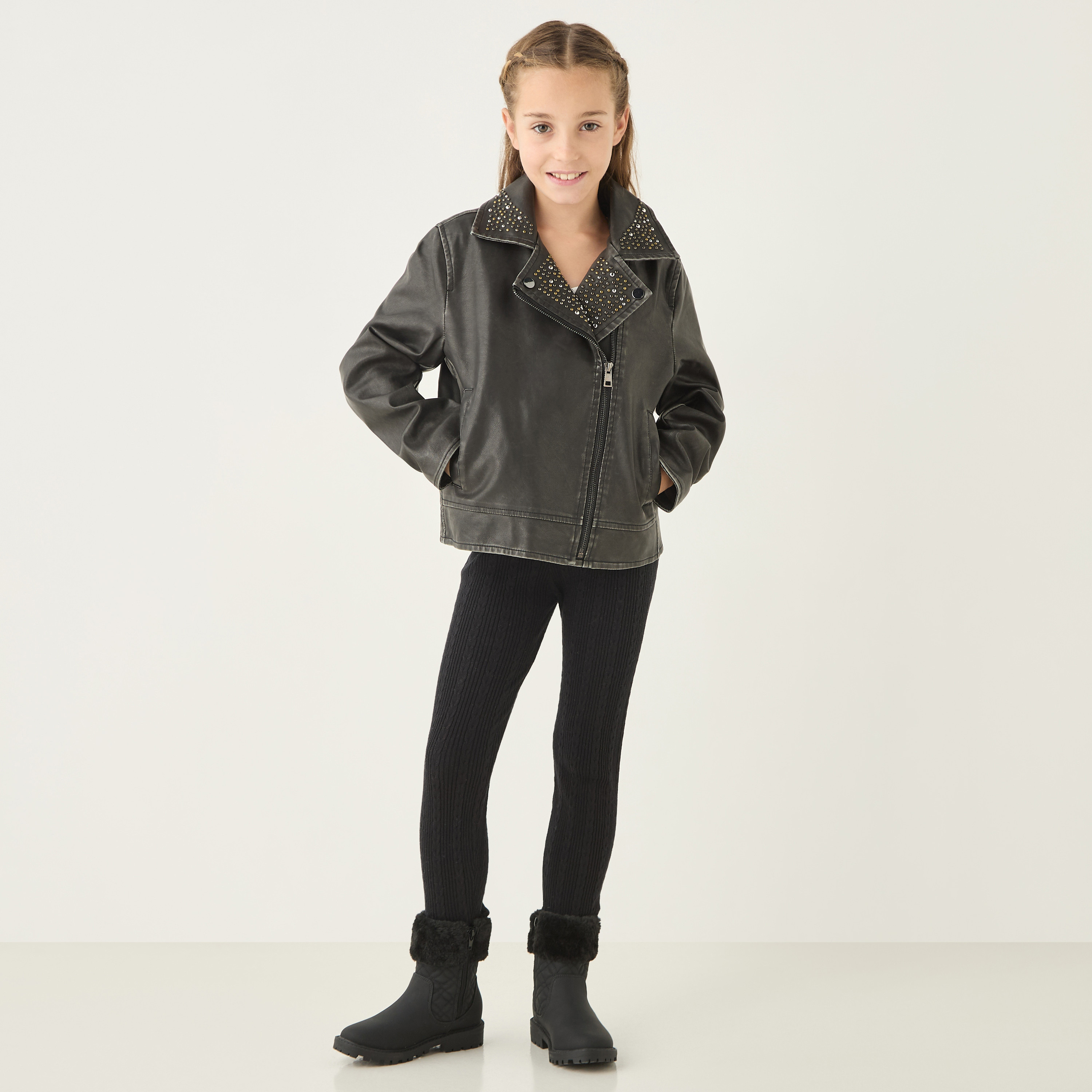Juniors Studded Pleather Jacket with Long Sleeves-girls-clothing-winterwear-jacketsandcoats-image-2