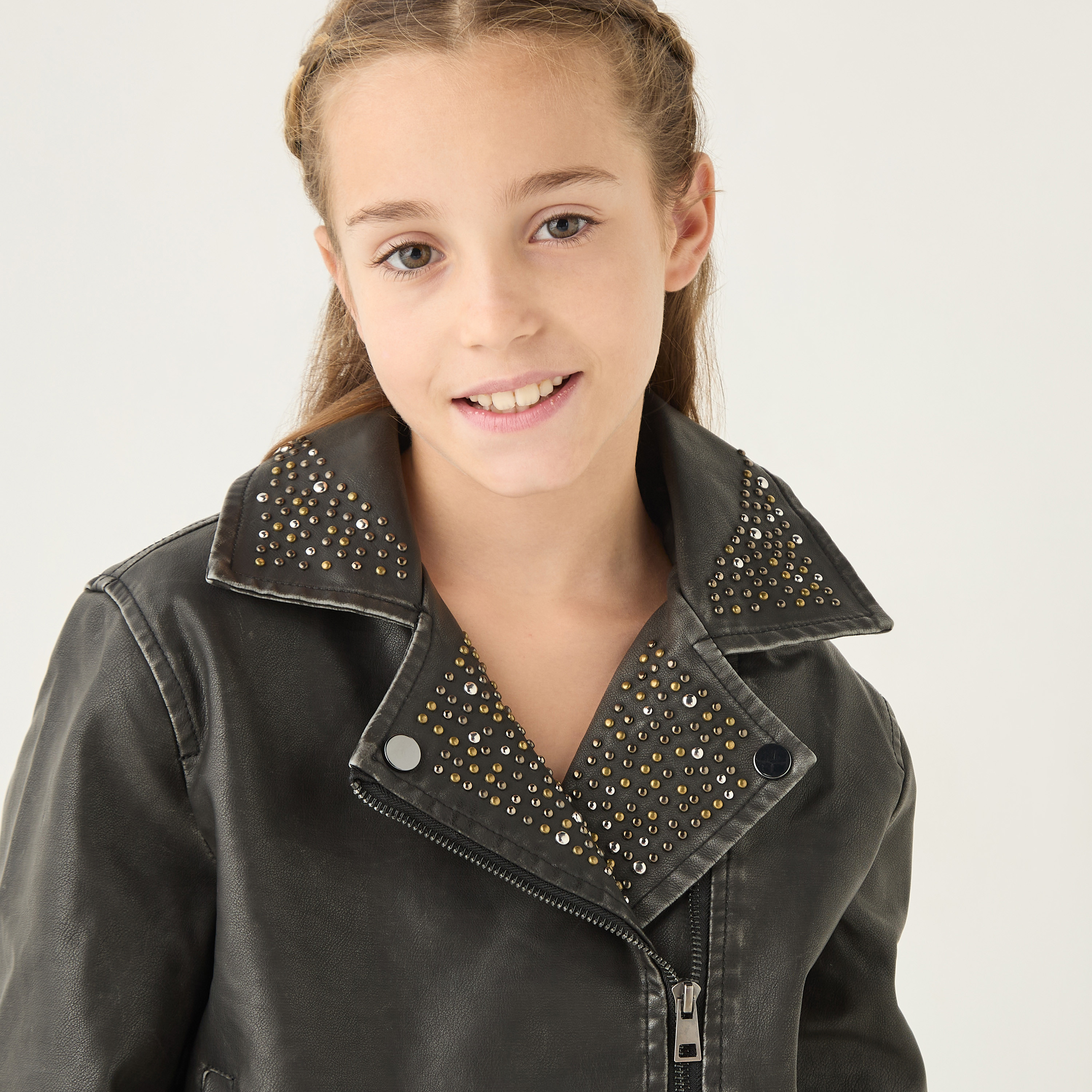 Juniors Studded Pleather Jacket with Long Sleeves-girls-clothing-winterwear-jacketsandcoats-image-4