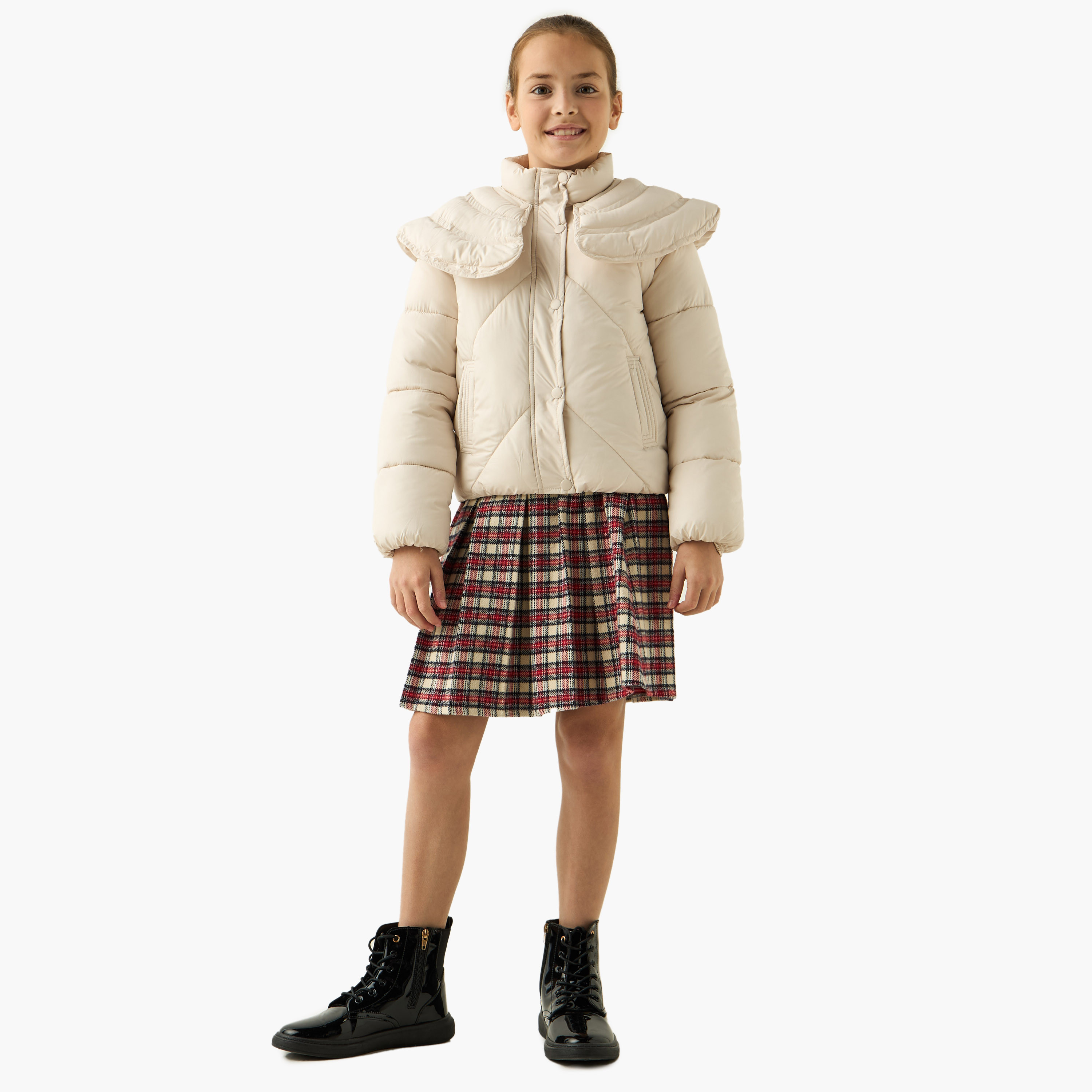 Juniors Quilted Heavy Jacket with Button Closure and Long Sleeves-girls-clothing-jacketsandcoats-image-2