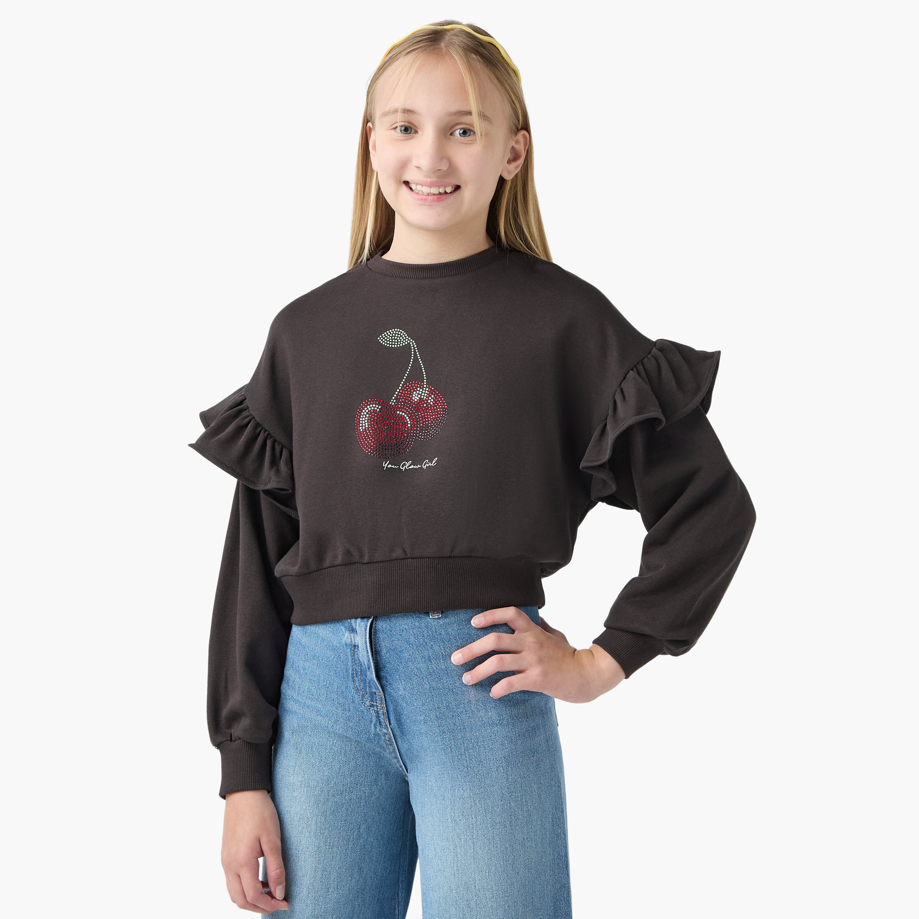 سويت شيرت بتفاصيل كشكشة وياقة ضيقة وتزيينات كرز من جونيورز-girls-clothing-sweatshirts-image-1