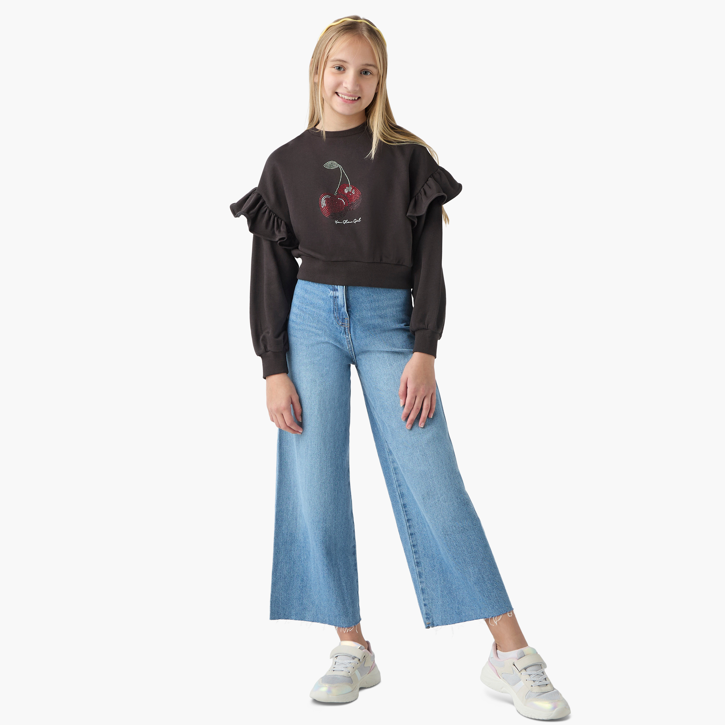 سويت شيرت بتفاصيل كشكشة وياقة ضيقة وتزيينات كرز من جونيورز-girls-clothing-sweatshirts-image-2
