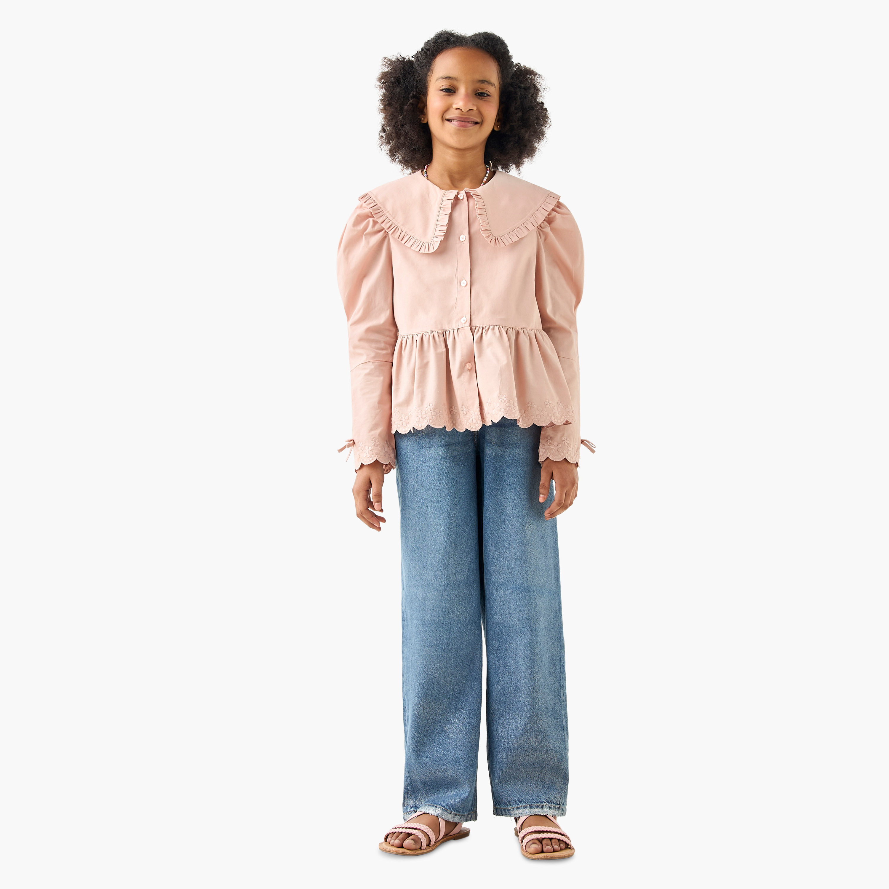 Eligo Solid Peplum Top with Peter Pan Collar and Long Sleeves-girls-clothing-blousesandshirts-image-2
