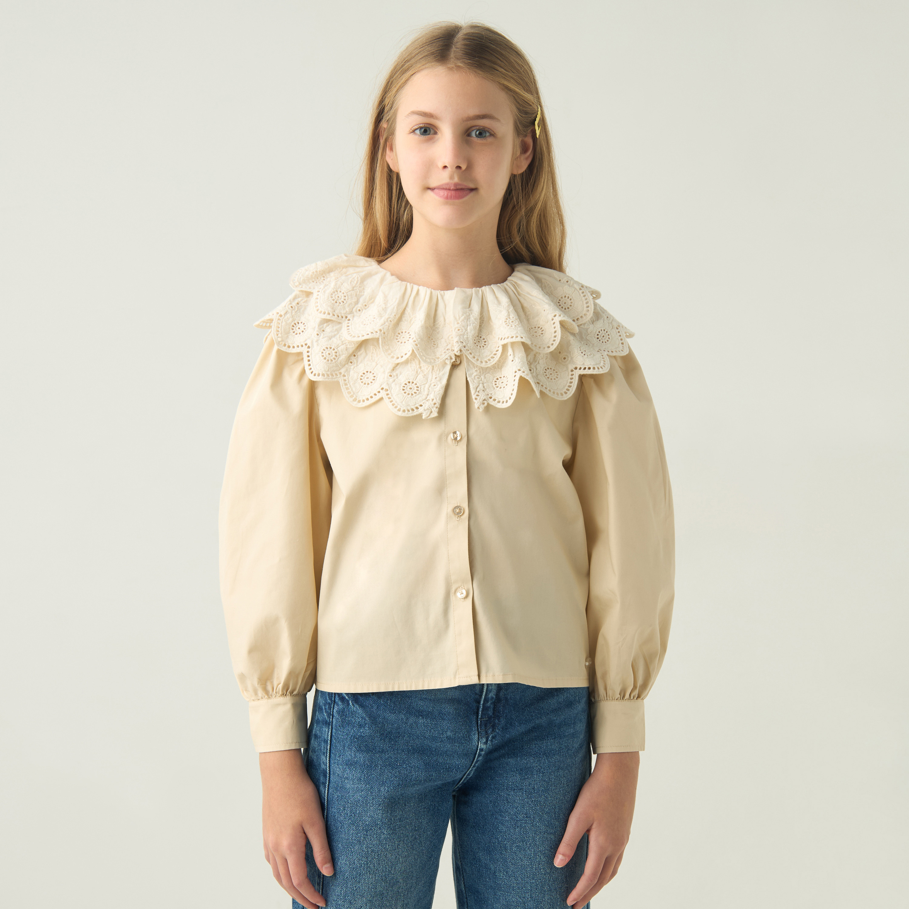 Eligo Solid Shirt with Schiffli Detail Collar and Long Sleeves-girls-clothing-blousesandshirts-image-1