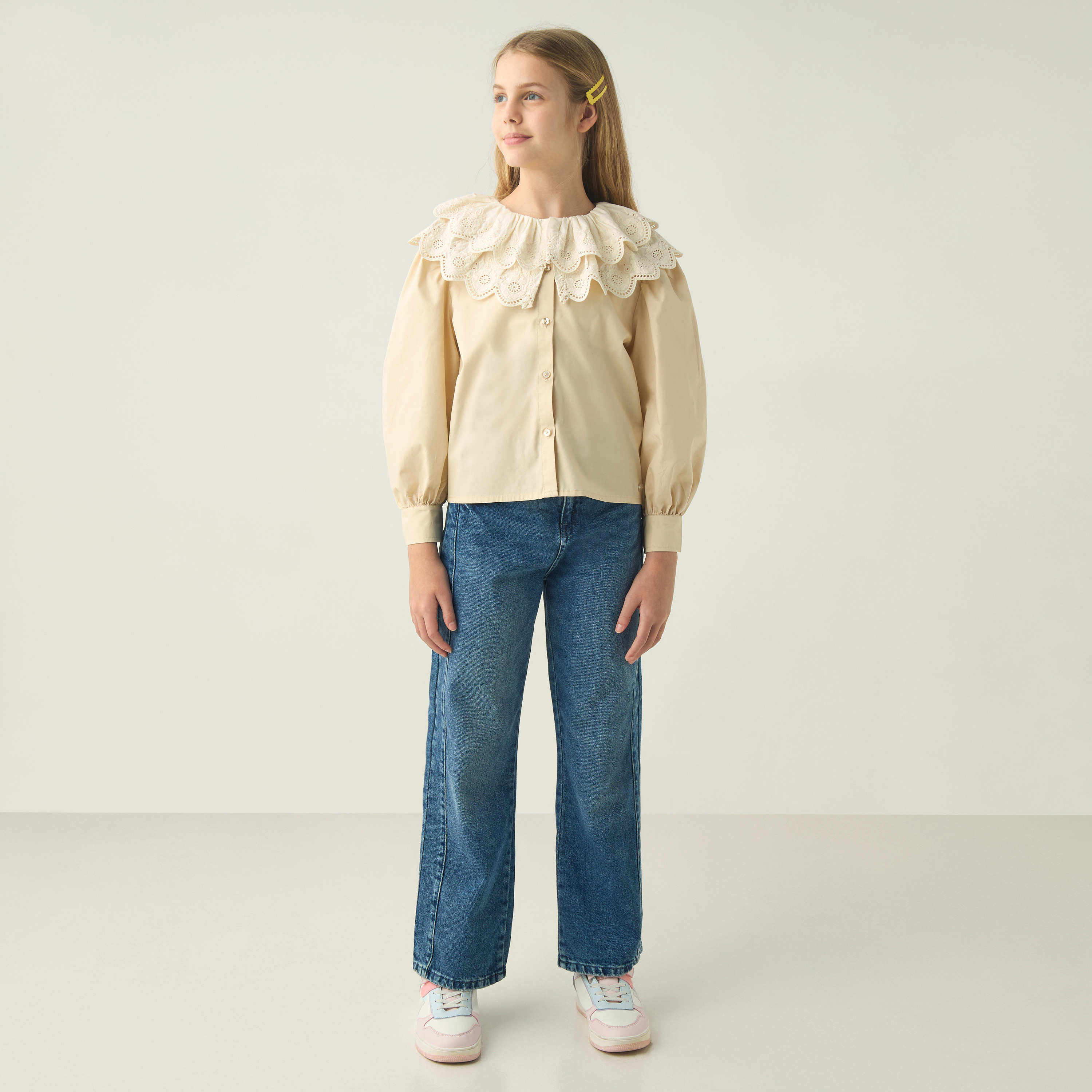 Eligo Solid Shirt with Schiffli Detail Collar and Long Sleeves-girls-clothing-blousesandshirts-image-2