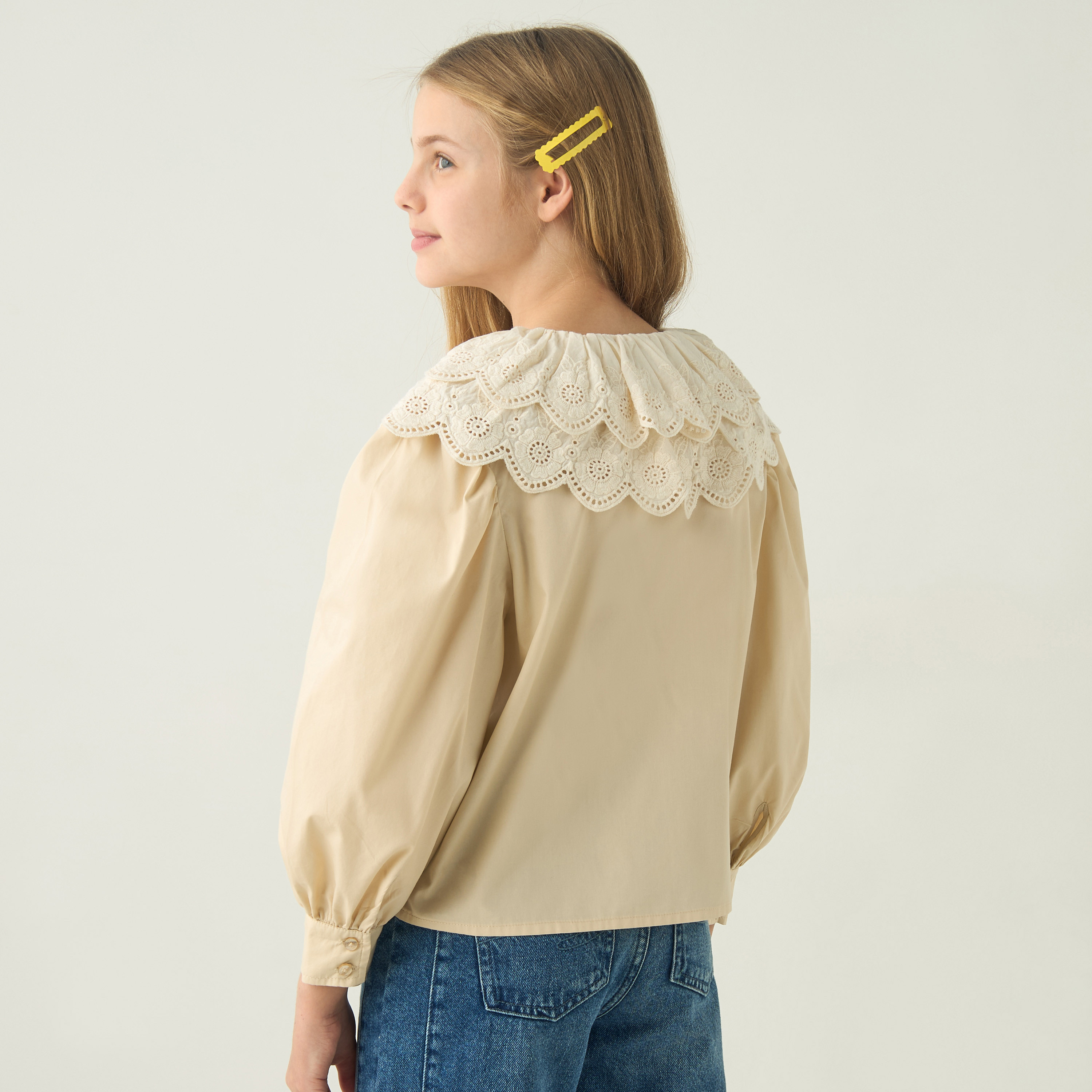 Eligo Solid Shirt with Schiffli Detail Collar and Long Sleeves-girls-clothing-blousesandshirts-image-3
