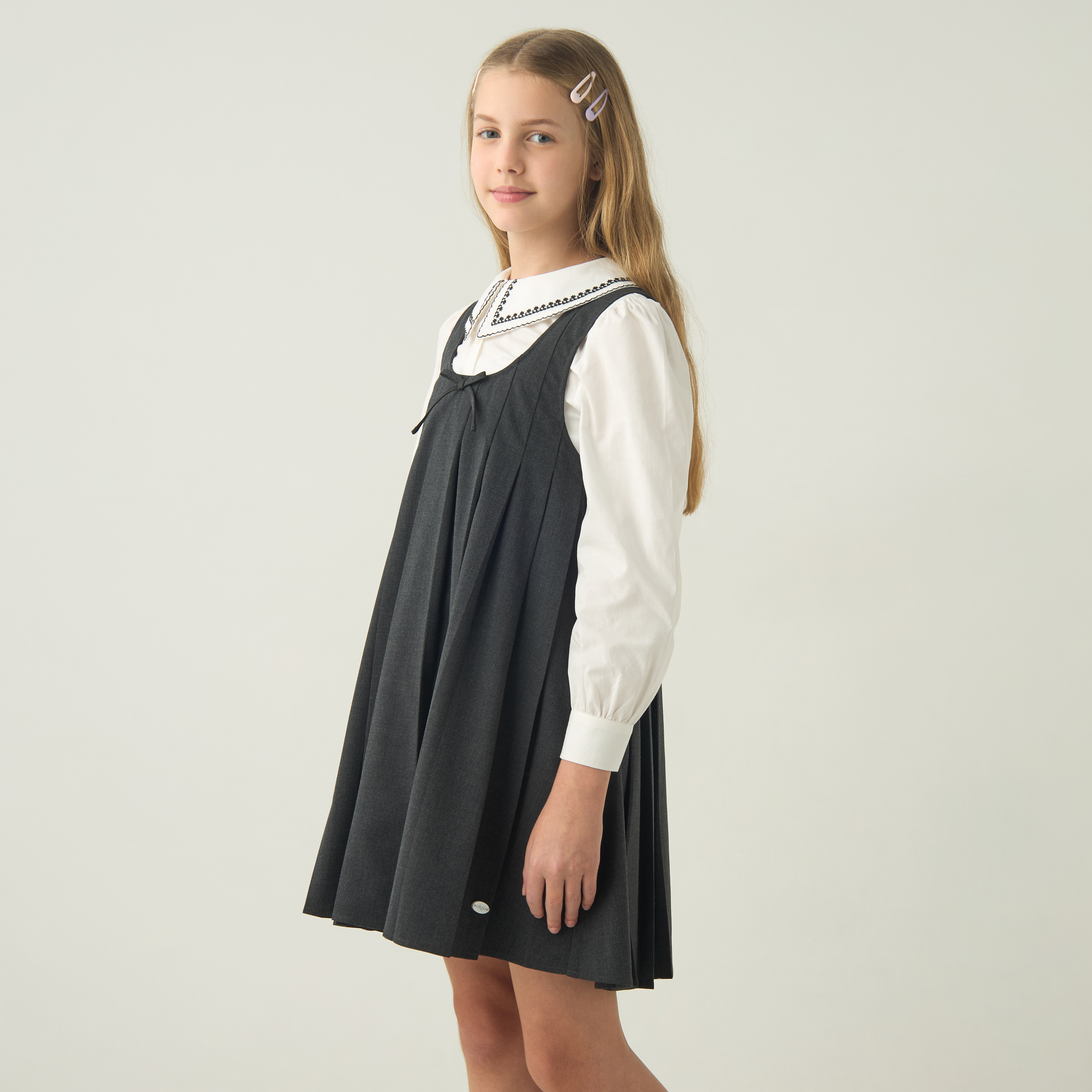 Eligo Solid A-line Pinafore Dress with Embroidered Long Sleeves Shirt-girls-clothing-dressesandjumpsuits-image-1