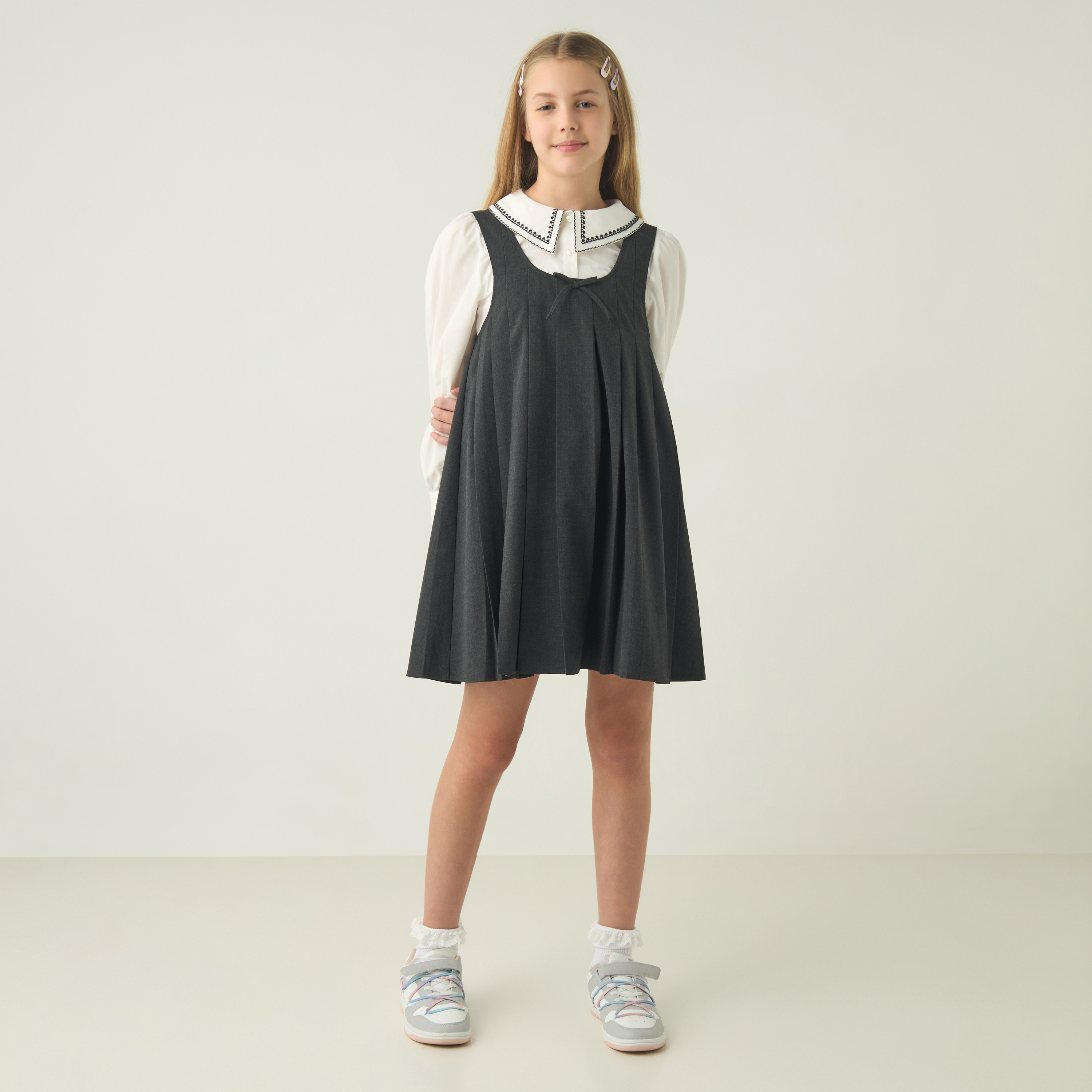 Eligo Solid A-line Pinafore Dress with Embroidered Long Sleeves Shirt-girls-clothing-dressesandjumpsuits-image-2